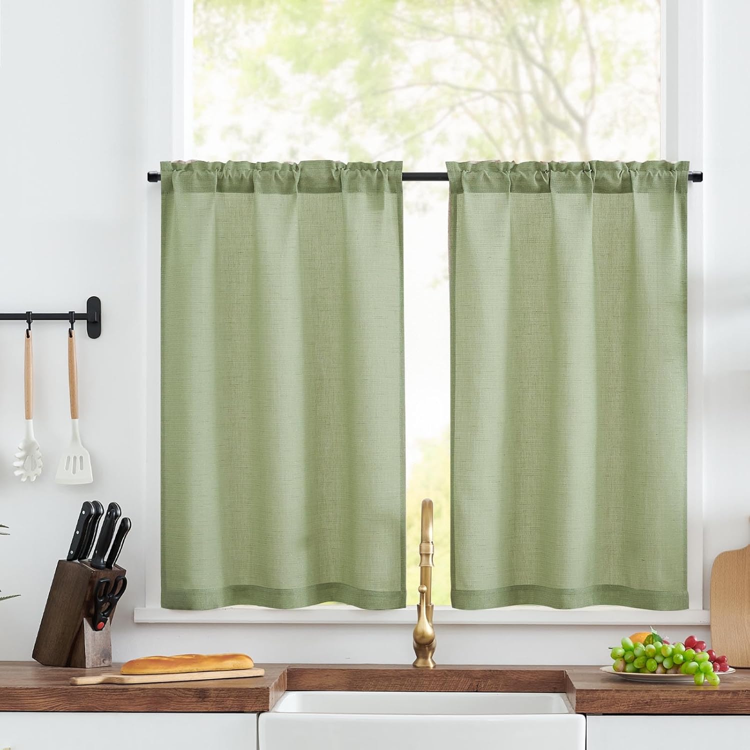 JINCHAN Cortinas de cocina de lino de 24 pulgadas, cortinas de café de granja para filtrar la luz, cortinas de lino rústico con bolsillo para barra,