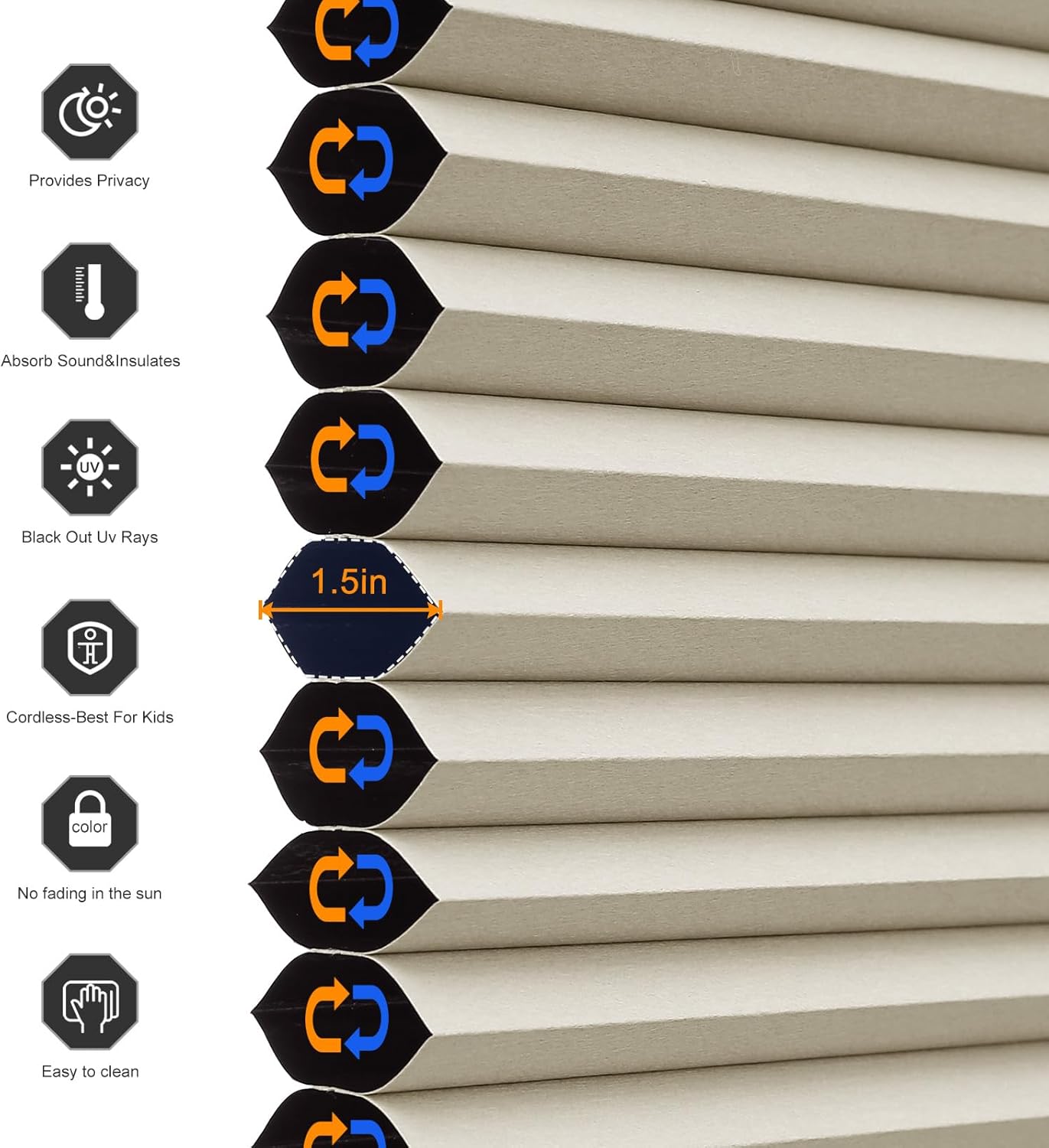 Youngoo Persianas celulares opacas personalizadas, sin cordón, con diseño de panal para ventana, oscurecimiento de la habitación, persianas de