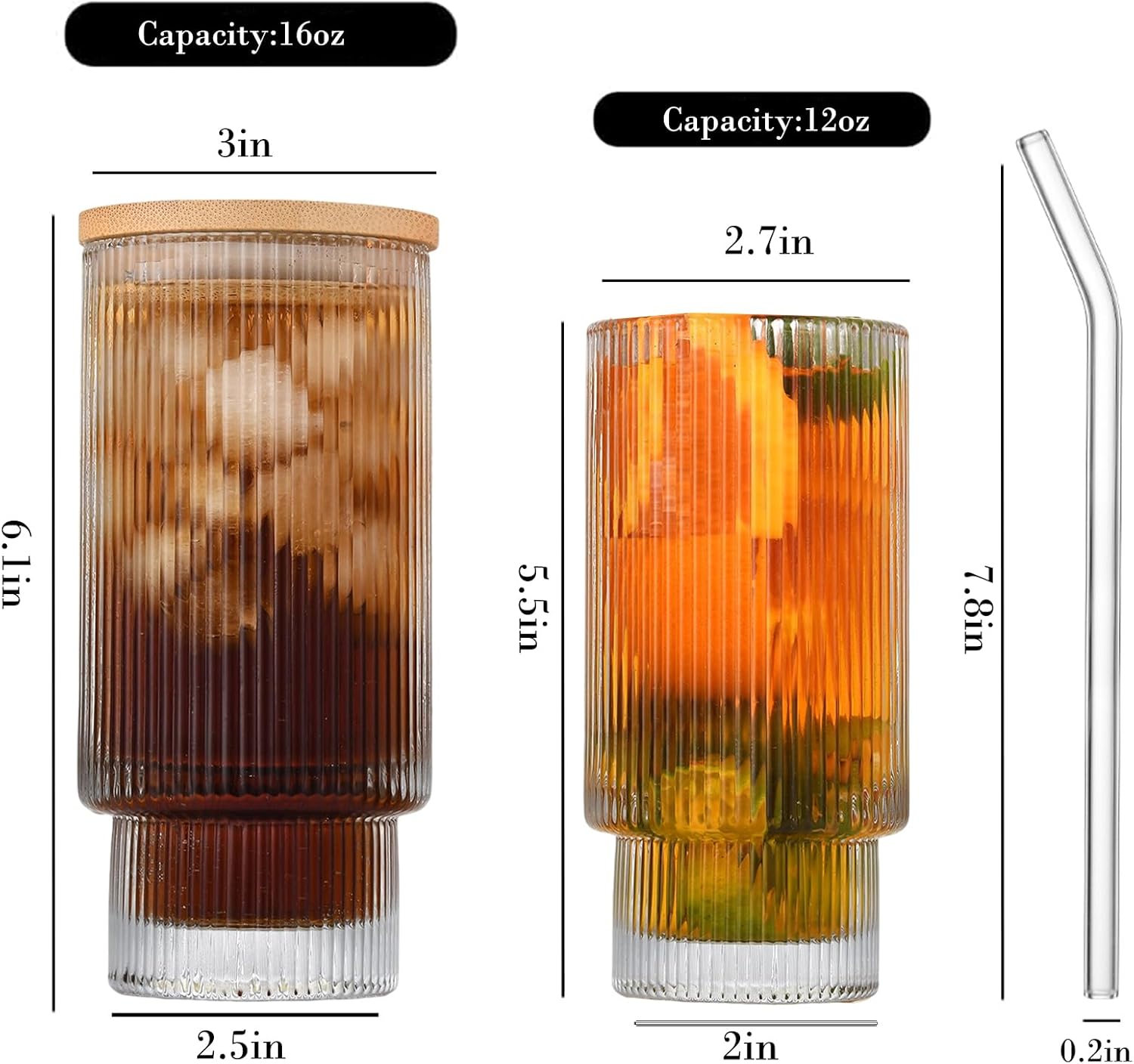 Vasos para beber acanalados de 16 onzas, 4 vasos de vidrio con tapas de bambú y popotes de vidrio, vasos altos estilo origami, cristalería vintage