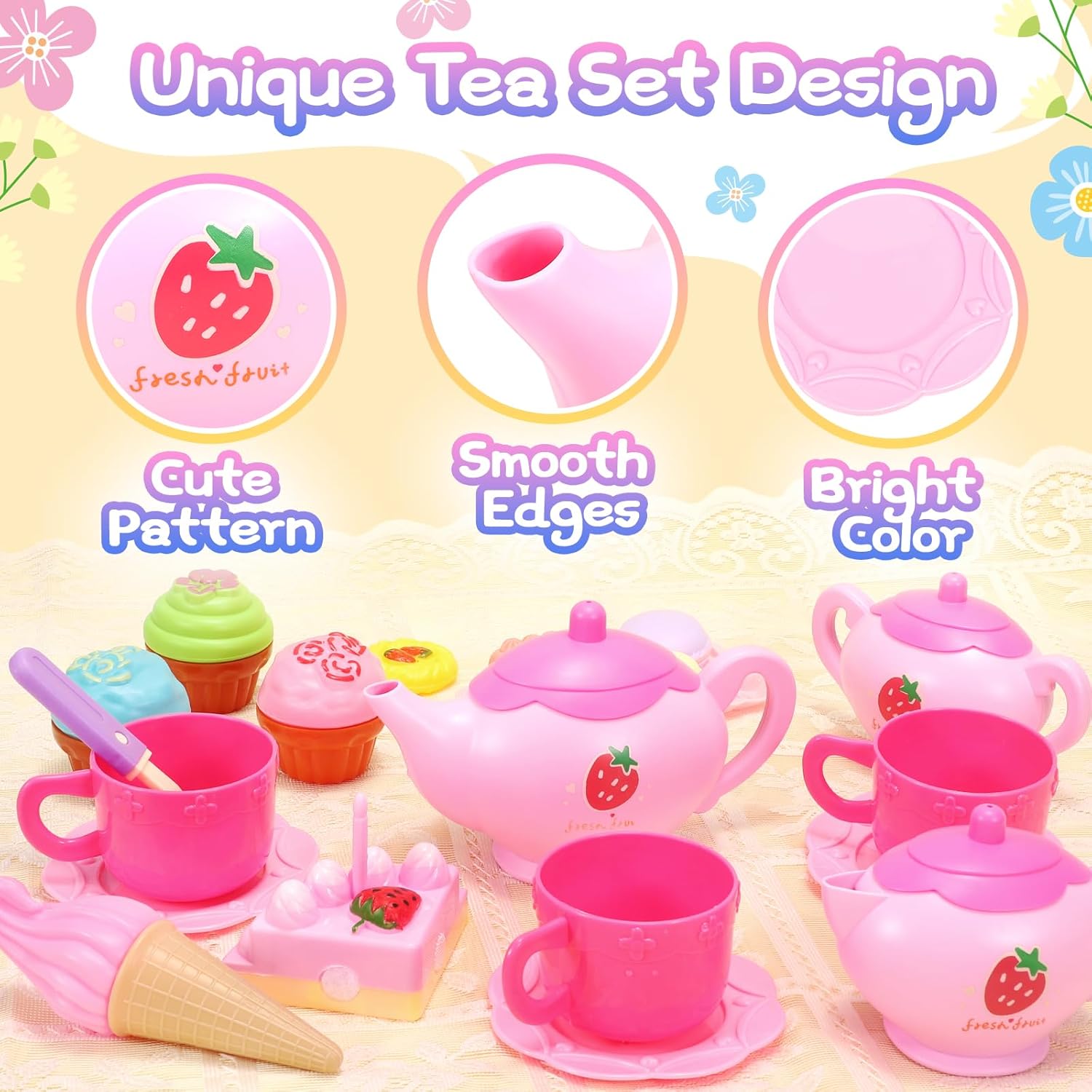 Tagitary Juego de fiesta de té para niñas pequeñas, juego de té de princesa, incluye galletas de postre, tetera, mantel y funda de transporte,