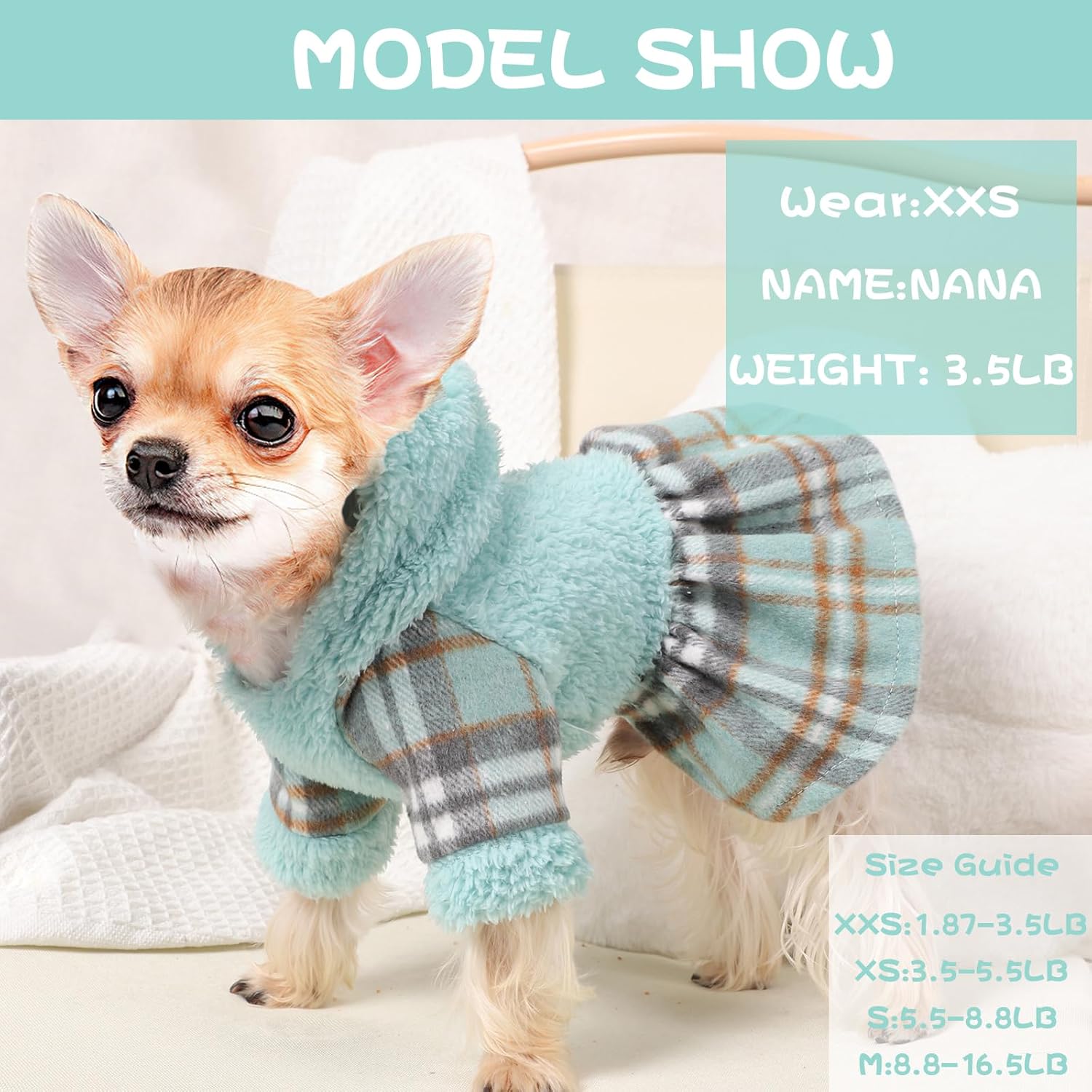 Vestido de invierno para perro, lindo suéter de forro polar cálido con capucha para perros pequeños, vestidos de cachorro a cuadros rosados, ropa