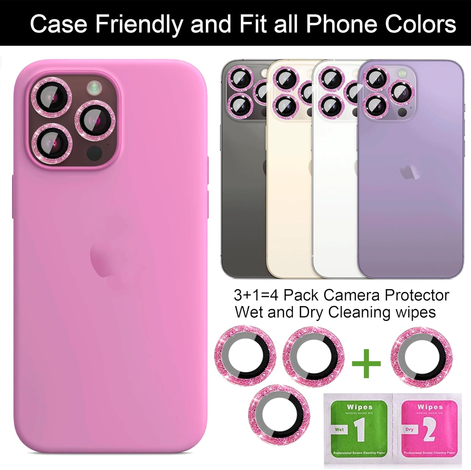 3+1 compatible con iPhone 13 Pro y iPhone 13 Pro Max, protector de lente de cámara con purpurina brillante, cubierta de cámara de vidrio templado,