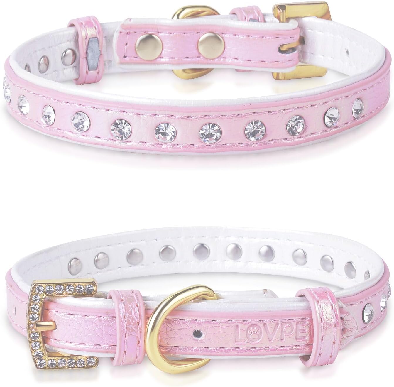 LOVPE Collar para perro de cuero brillante con diamantes de imitación tachonados, accesorio glamoroso de hebilla dorada para perros pequeños a