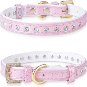 LOVPE Collar para perro de cuero brillante con diamantes de imitación tachonados, accesorio glamoroso de hebilla dorada para perros pequeños a LOVPE Collar para perro de cuero brillante con diamantes de imitación tachonados, accesorio glamoroso de hebilla dorada para perros pequeños a