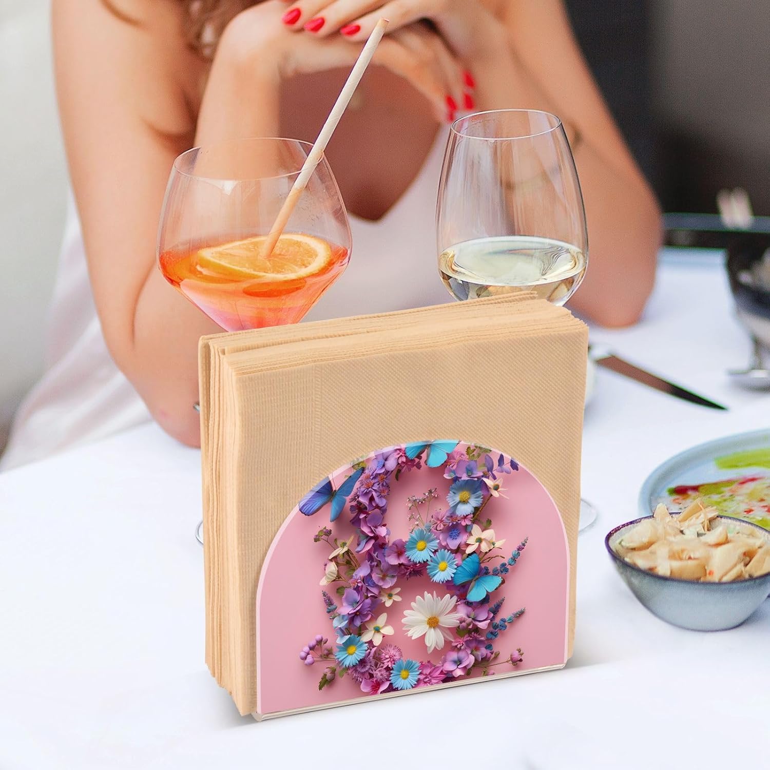 Napkin Holder 2 Pack, Mother’s Day Flowers and Butterflies Acrylic Napkin Holders for Tables, Upright Paper Napkin Holder Dispenser for Kitchen