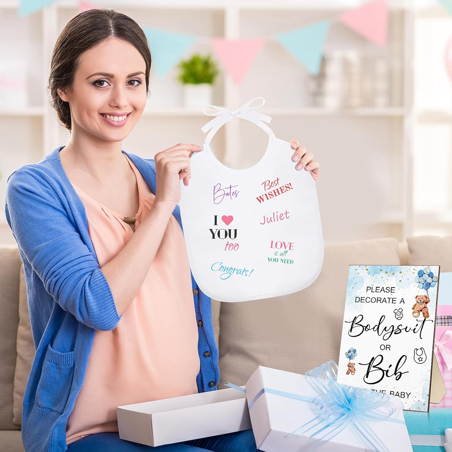 35 piezas de juegos de baby shower, diseño de baberos de bebé, letrero de madera para baby shower, letrero de bricolaje, 15 baberos blancos en