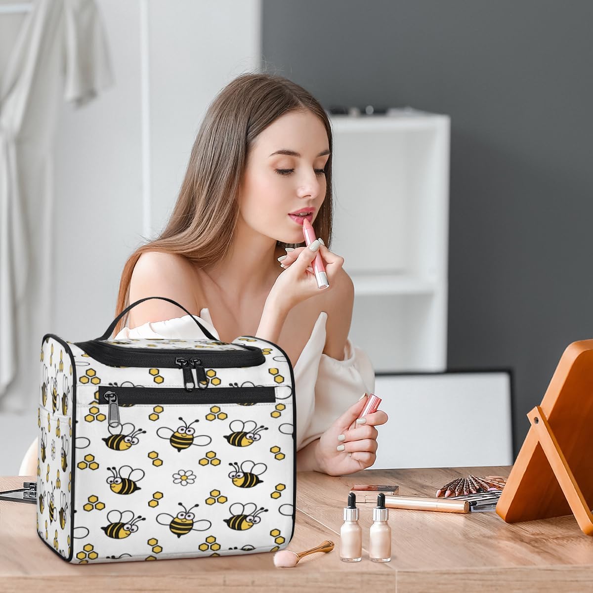 Lovely Bees Neceser para mujer, organizador de maquillaje de viaje con gancho para colgar, bolsas de cosméticos de viaje para accesorios de aseo