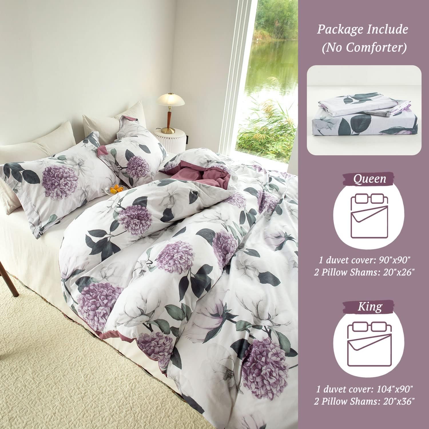 MILDLY Juego de funda de edredón 100% algodón lavado, juego de funda de edredón floral de hortensias moradas, juego de ropa de cama con cierre de