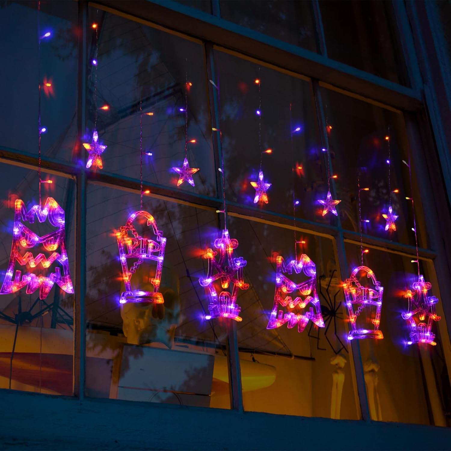 LOLStar Guirnalda de luces de Halloween para ventana, color naranja y morado, decoraciones de Halloween, lápida de árbol y castillo, 183 luces LED