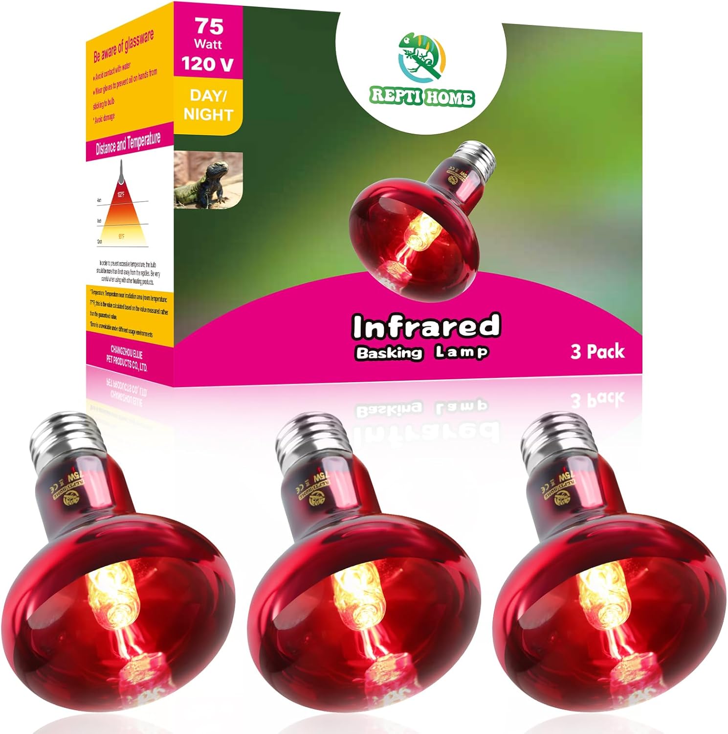 REPTI HOME Paquete de 3 bombillas infrarrojas de calor para reptiles, 75 W, para reptiles y anfibios, bombilla infrarroja emisora de calor para