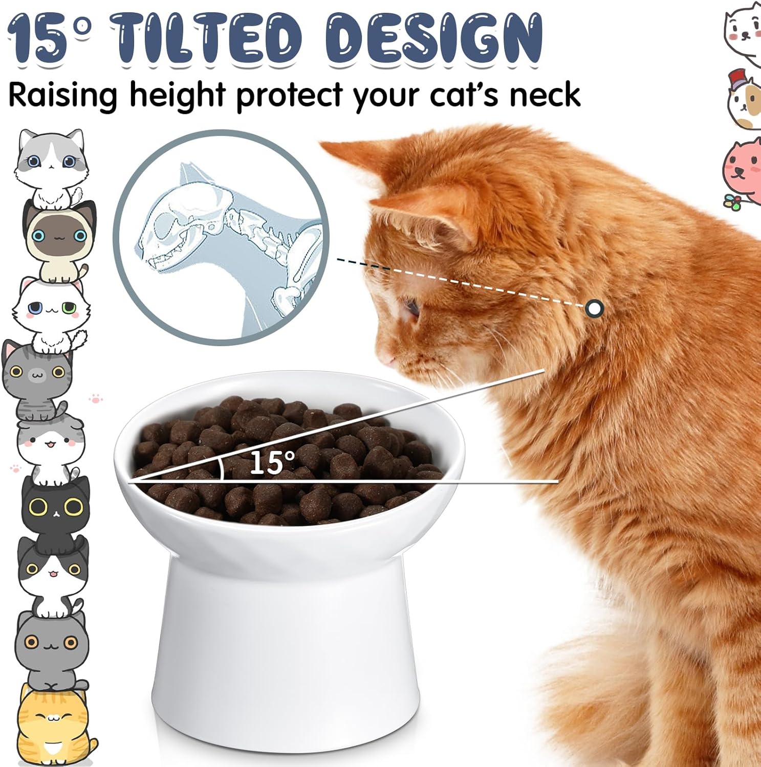 Cuencos elevados de cerámica para gatos de 4 piezas, cuencos inclinados para comida para gatos, sin estrés, fatiga de bigotes, prevención de