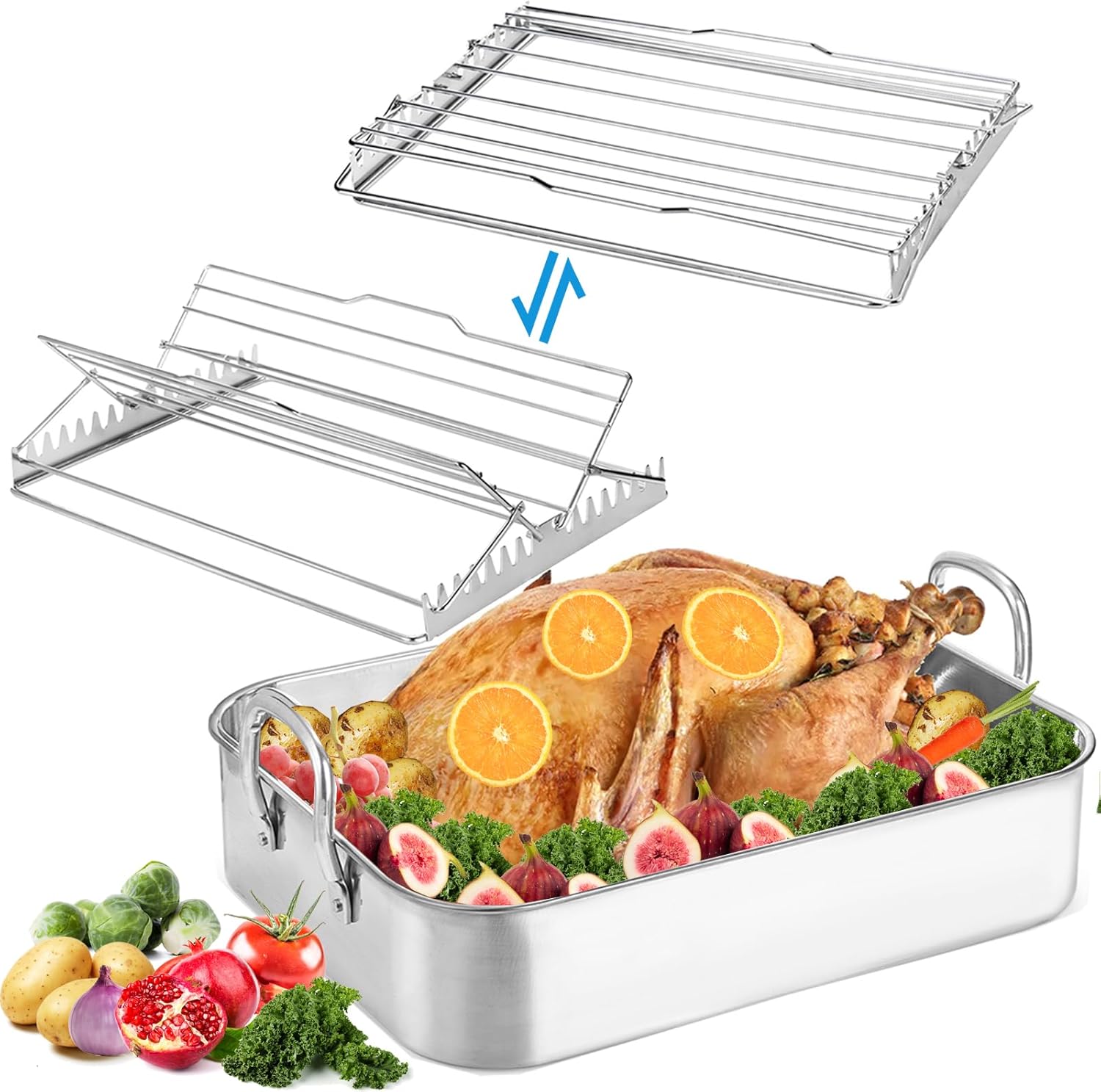 TOPZEA Sartén para asar de acero inoxidable con estante, sartén rectangular clásica de 16 pulgadas con parrilla y mango 2 en 1, sartén grande para