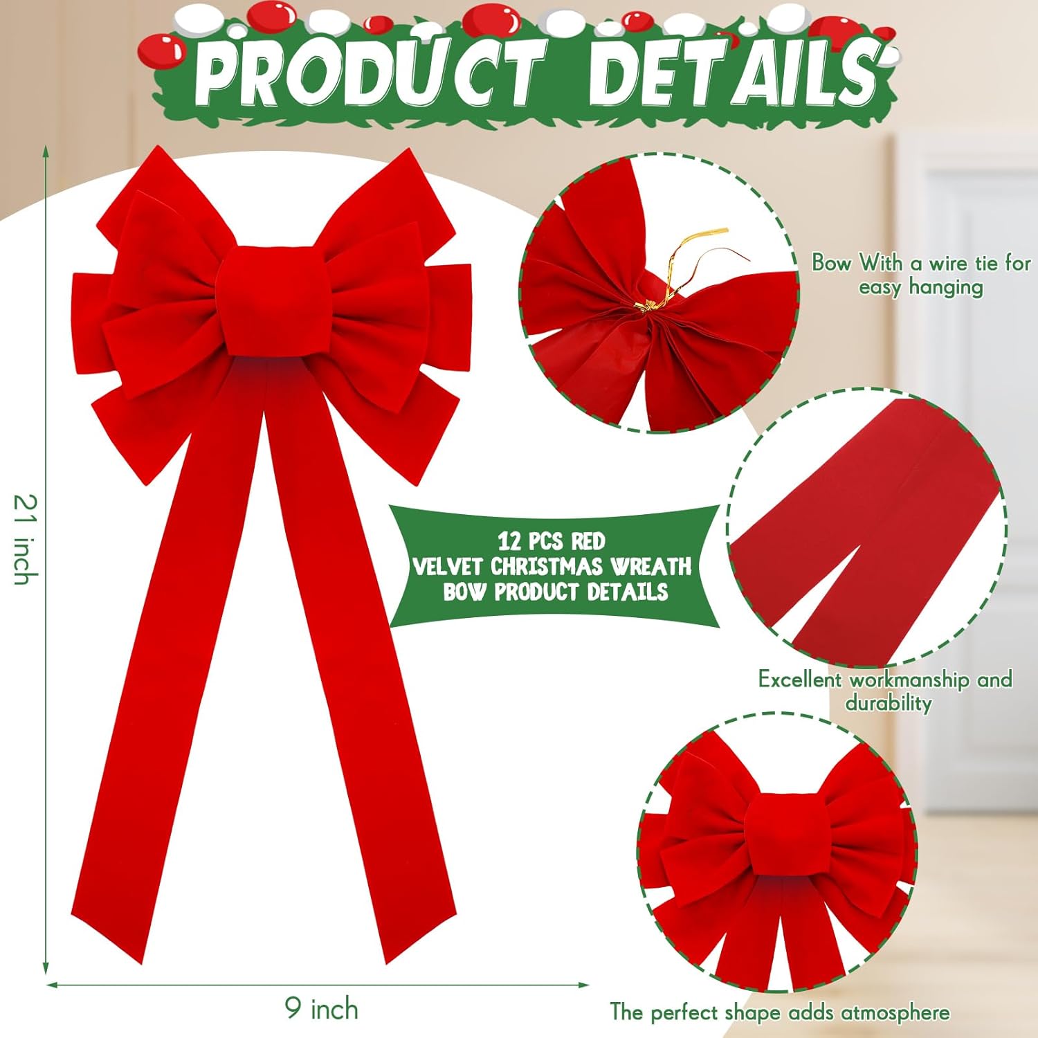 12 lazos grandes de terciopelo rojo de Navidad de 21 x 9 pulgadas, lazos decorativos de Navidad para decoración de árbol de Navidad para decoración