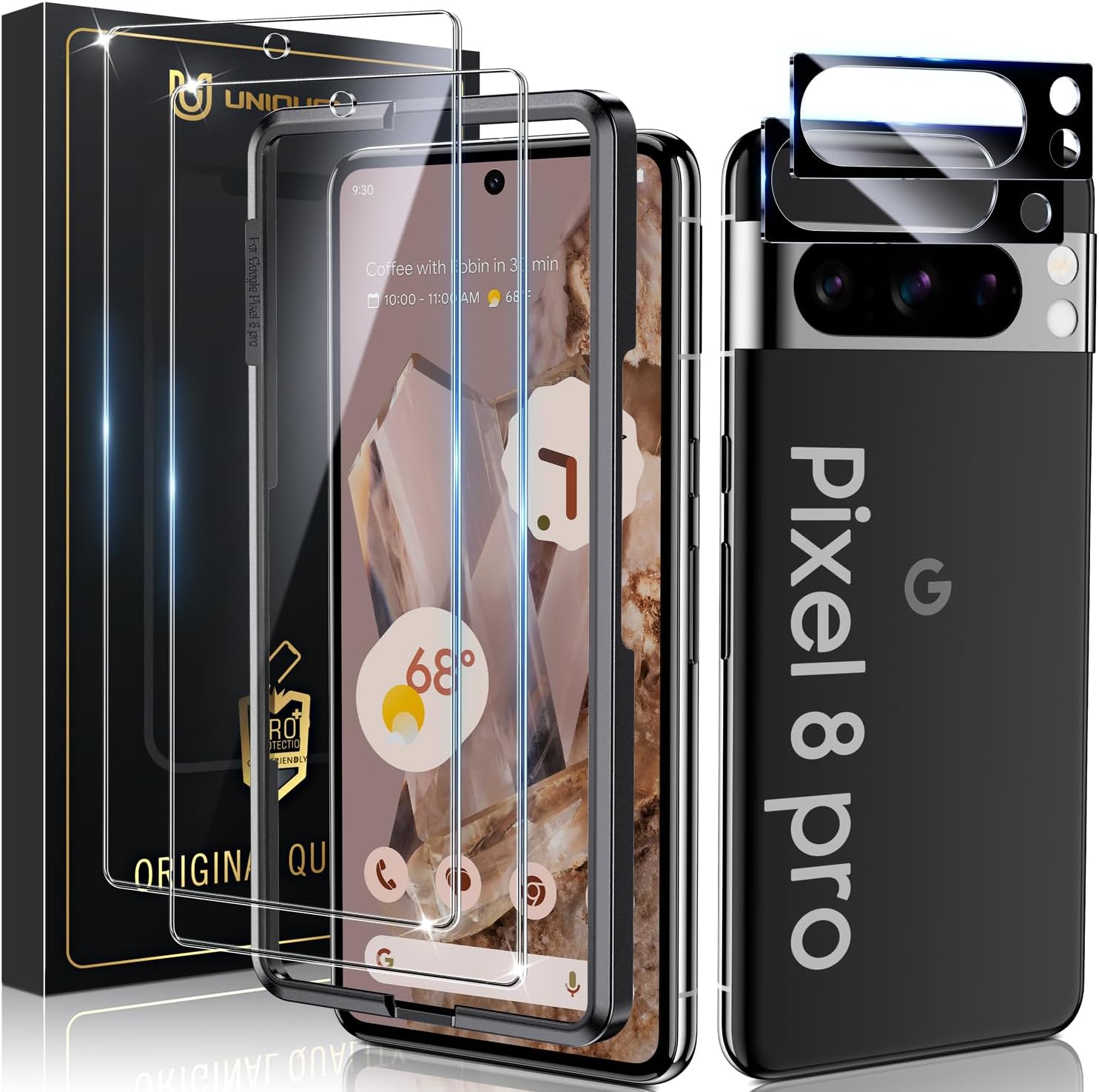 UniqueMe Protector de pantalla para Google Pixel 8 Pro, desbloqueo de huellas dactilares compatible, grado militar, inastillable, 2 protectores de
