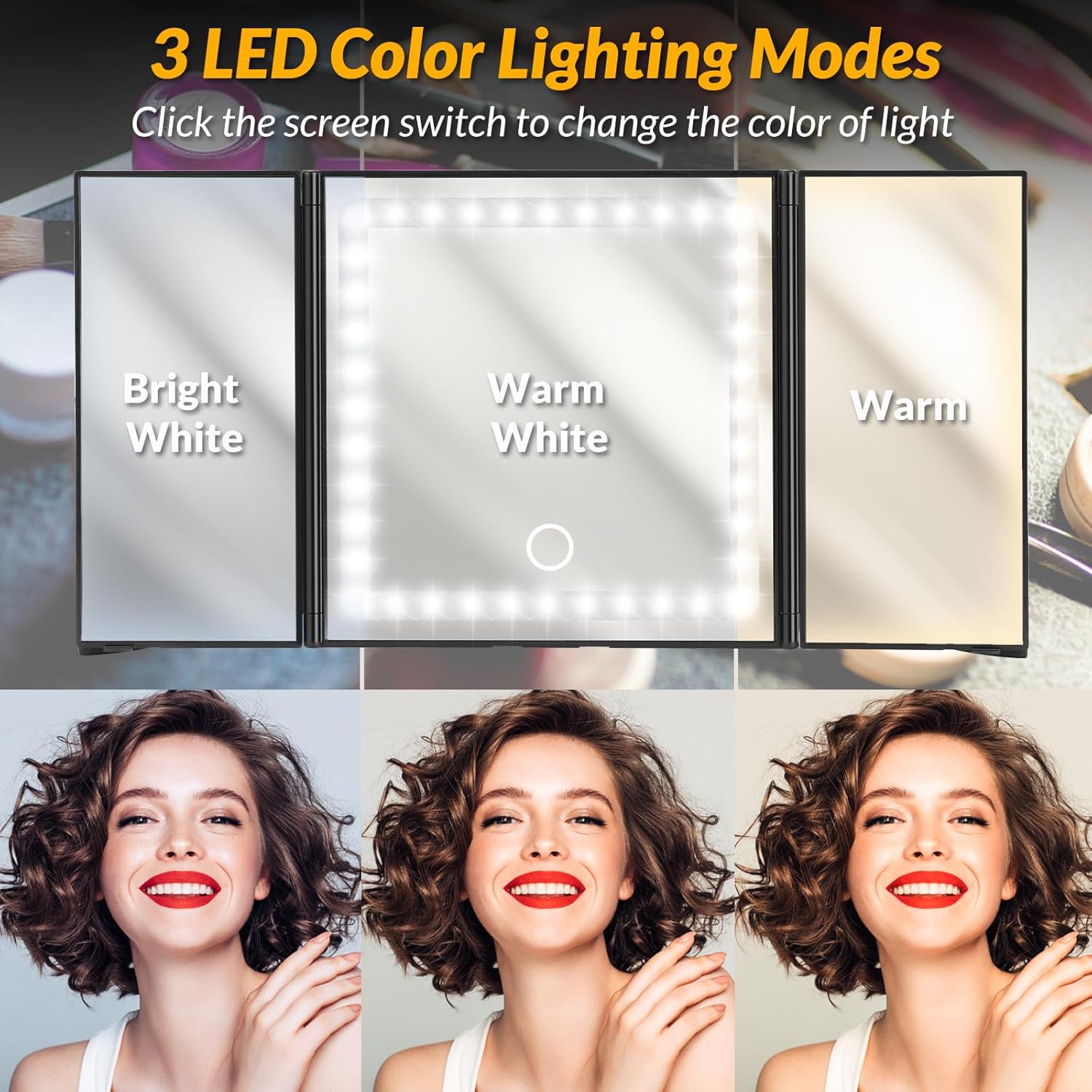 MateAuto Espejo de tocador de coche con luces, espejo plegable y recargable de maquillaje con 3 modos de luz y 60 LED con pantalla táctil regulable
