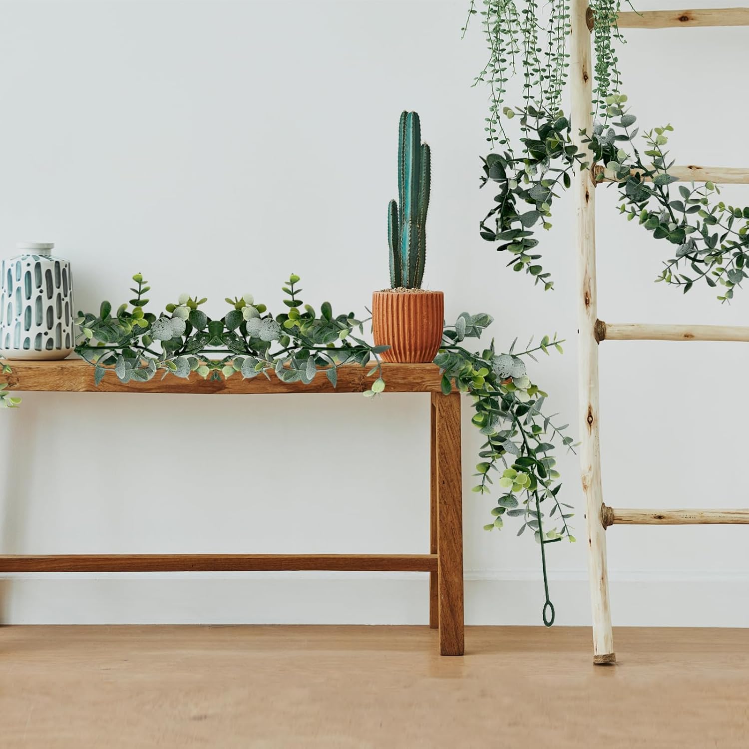 SUNFICON Paquete de 4 guirnaldas de hojas de eucalipto artificiales para colgar en primavera, eucalipto, decoración floral falsa, boda, ceremonia,