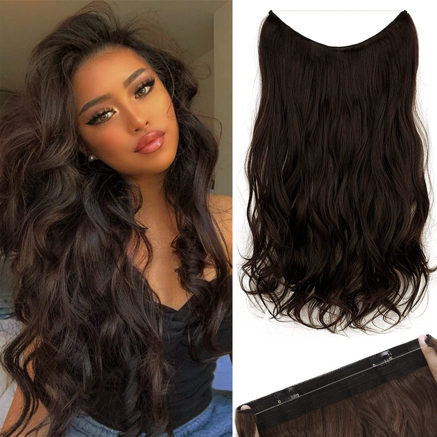 Extensiones de cabello tipo aureola, extensiones de cabello grueso con alambre invisible, 5 tipos, tamaño de cabeza ajustable, ondulado, rizado,