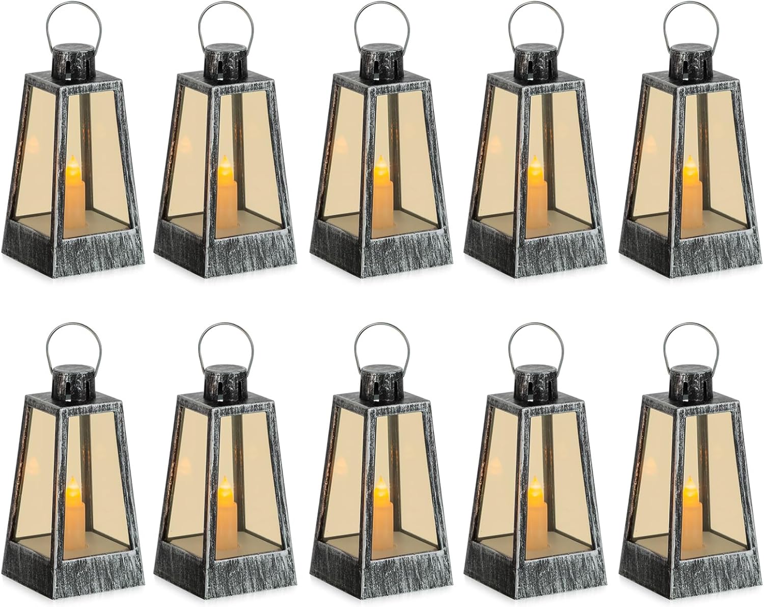Romadedi Mini farol decorativo para centros de mesa, 10 linternas de vela vintage plateadas con velas LED parpadeantes para mesa de boda, decoración