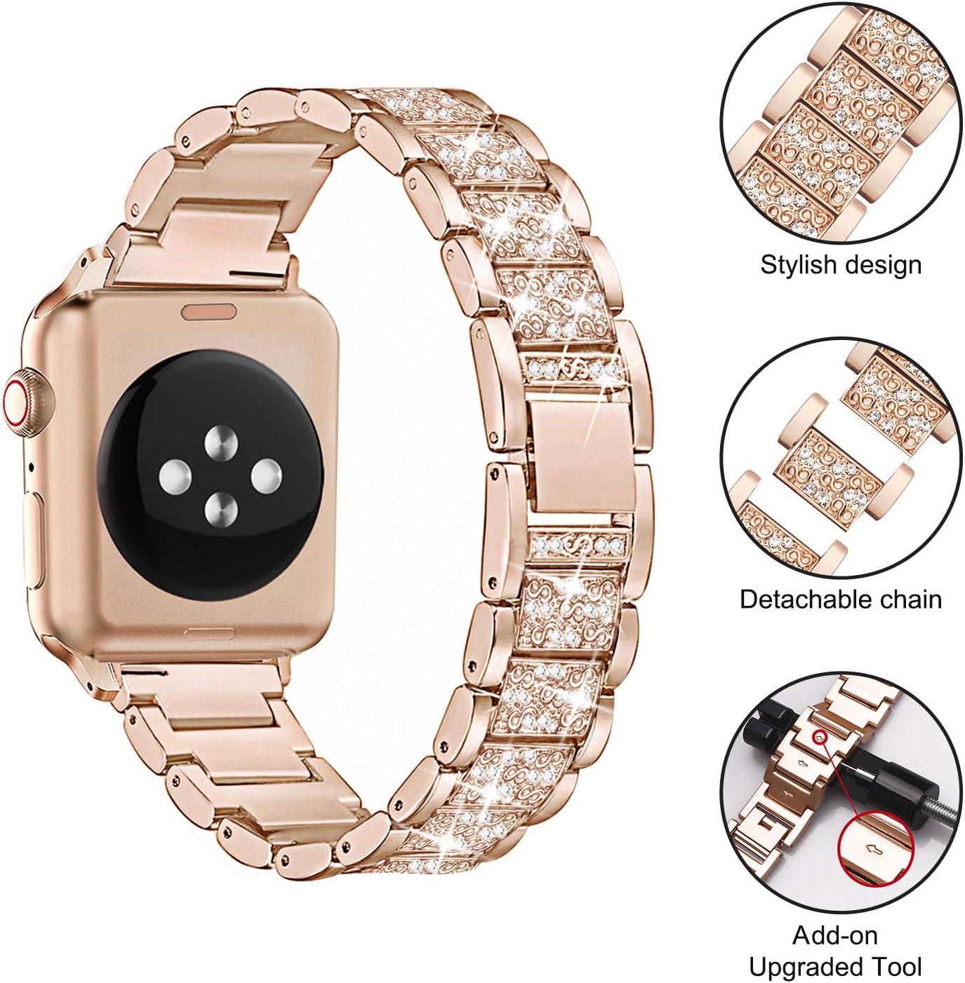 Mesime Correa compatible con Apple Watch con funda protectora de pantalla, correas de repuesto de joyería de 1.81 pulgadas, 1.77 pulgadas, 1.73