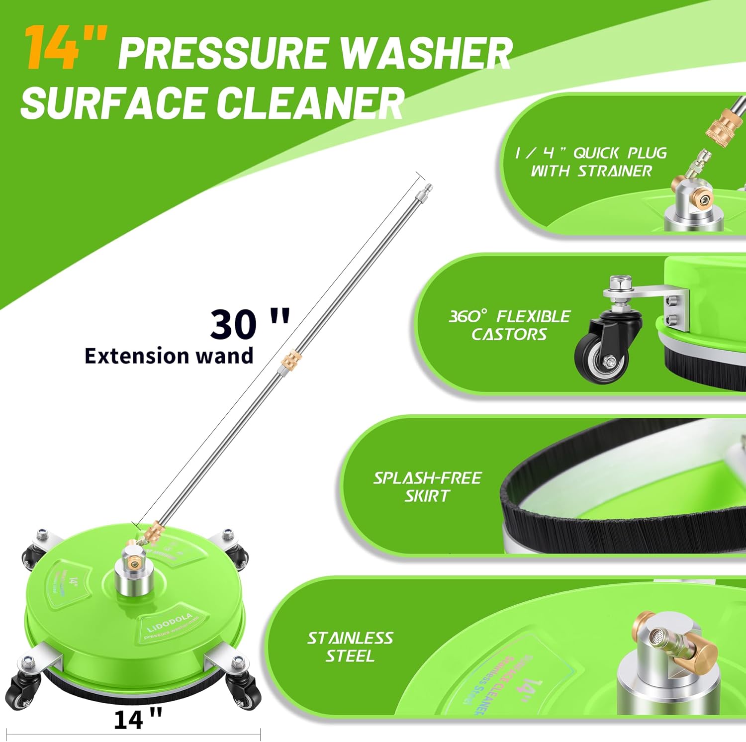 PWS14G – Limpiador de superficies de hidrolavadora de 14 pulgadas con 4 ruedas, limpiador de superficies de acero inoxidable verde recubierto para