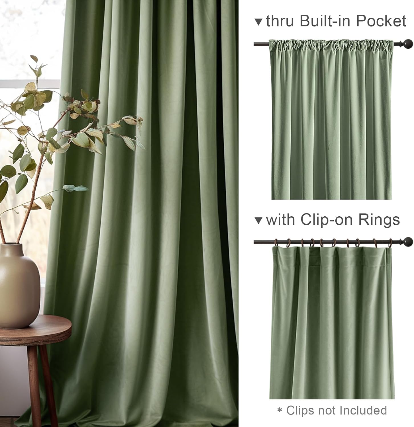 Lazzzy Cortina opaca de terciopelo verde con aislamiento térmico para dormitorio, sala de estar, oscurecimiento de privacidad, cortinas de