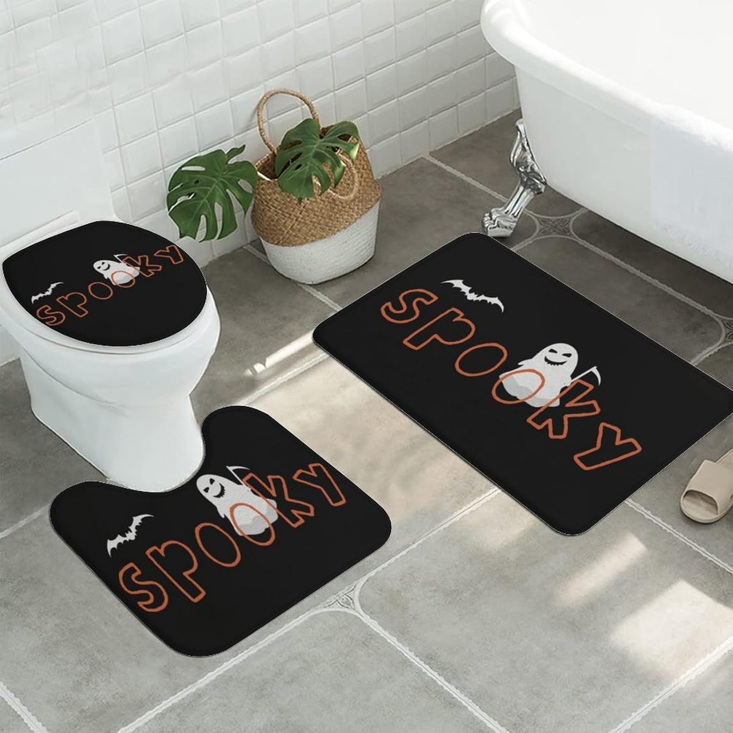 Aremetop Juego de 3 tapetes de baño de Halloween para decoración de otoño, decoración de casa de campo de fantasma, fantasma, murciélagos