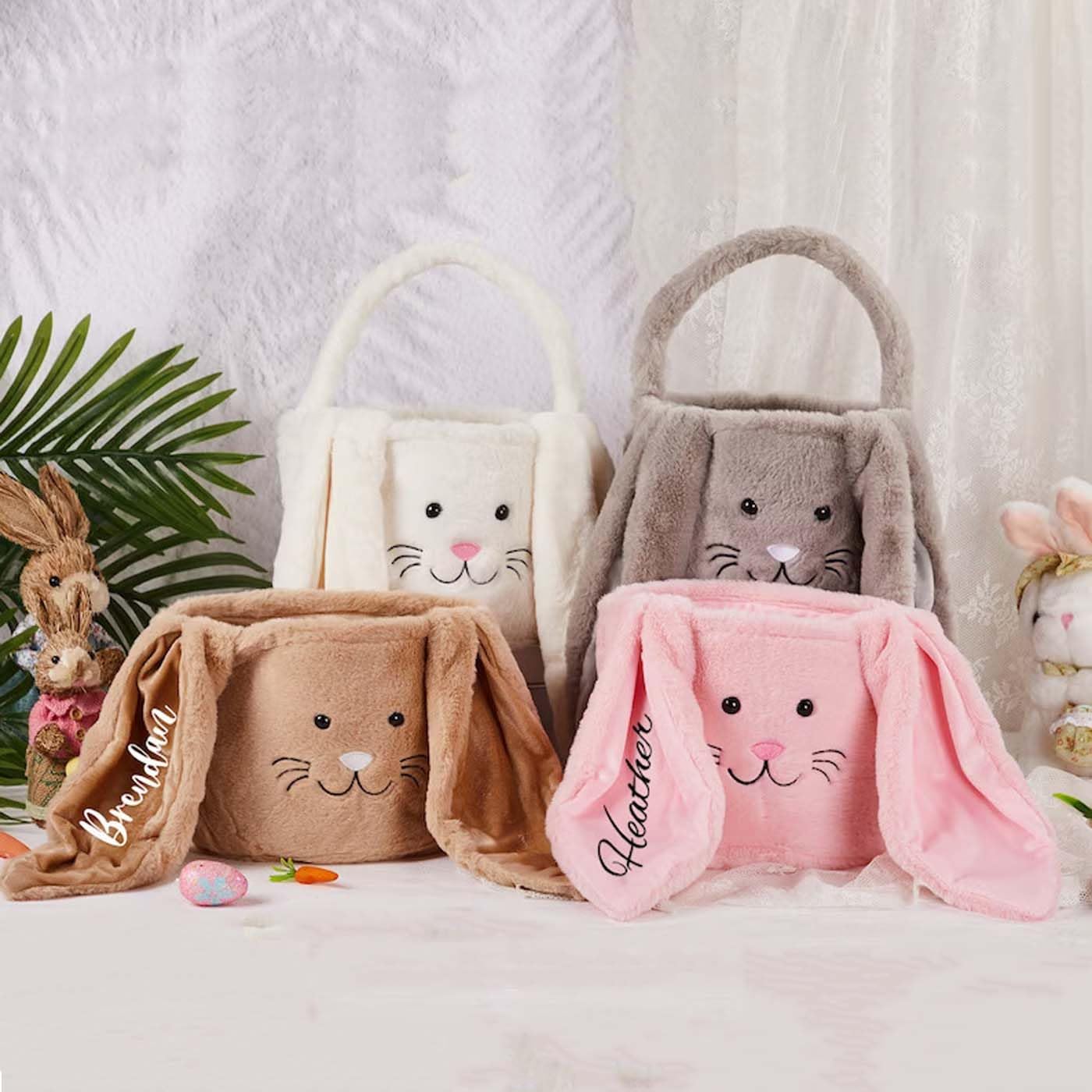 Cestas de Pascua personalizadas, cubos de conejo de Pascua con nombre personalizado, cesta de orejas de conejo de Pascua de felpa para niños y