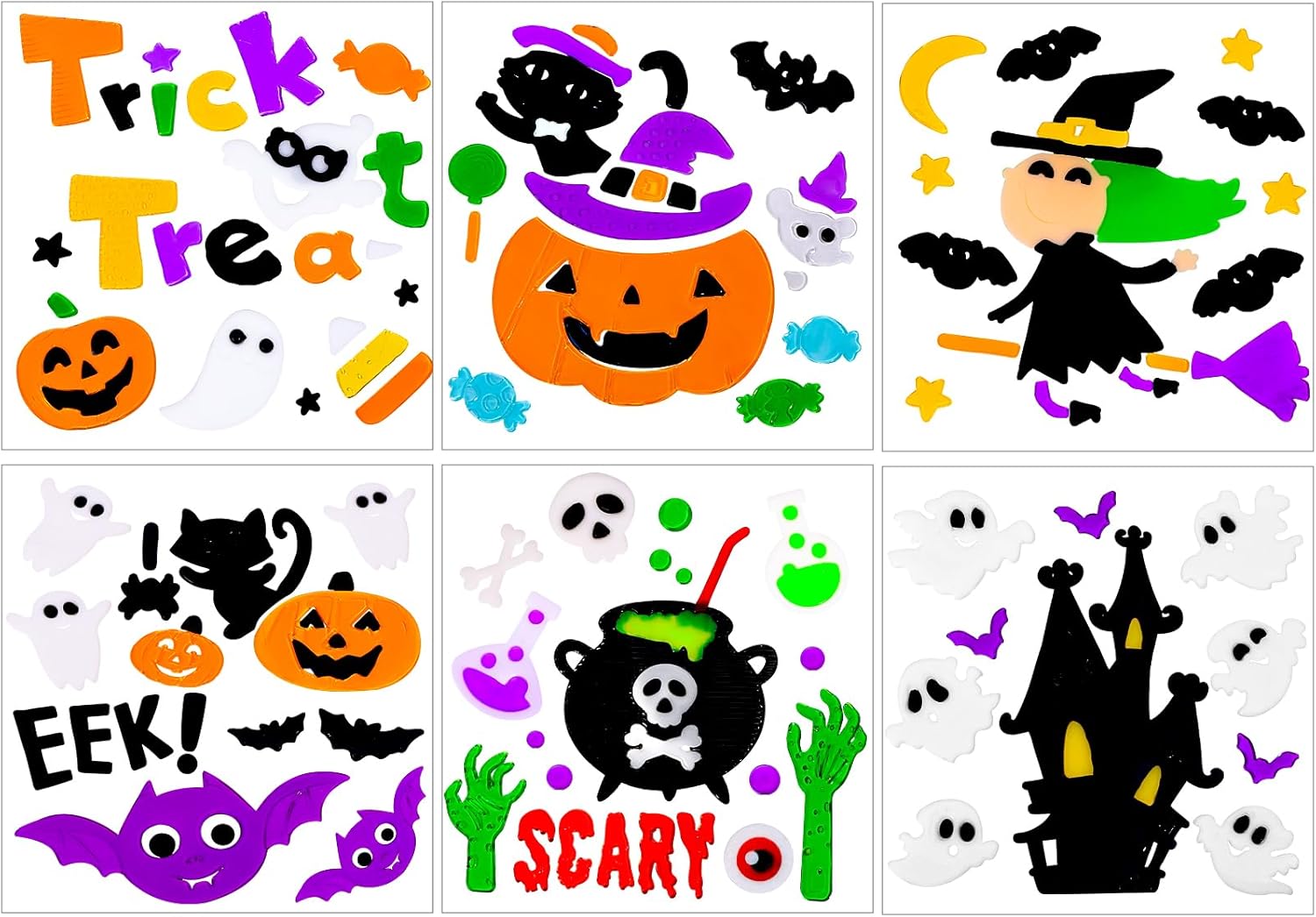 JOICEE Calcomanías gruesas de gel para Halloween para niños, lindas calabazas, brujas, murciélagos, gatos negros, calcomanías para decoración de