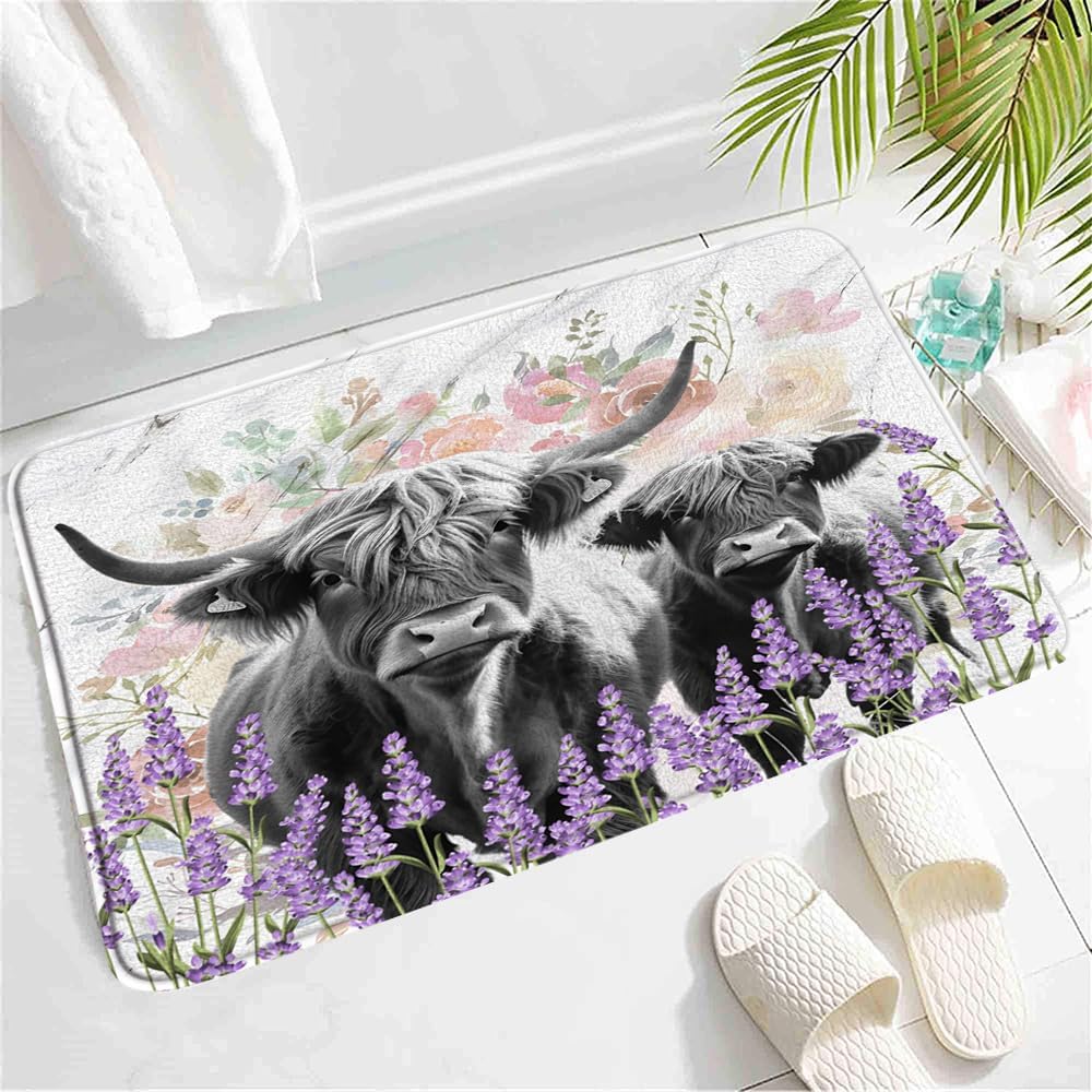 Farmhouse Highland Cows – Tapete de baño rústico de flores de lavanda, animales de granja, vacas grises, ganado, cuerno largo en mármol, alfombra de