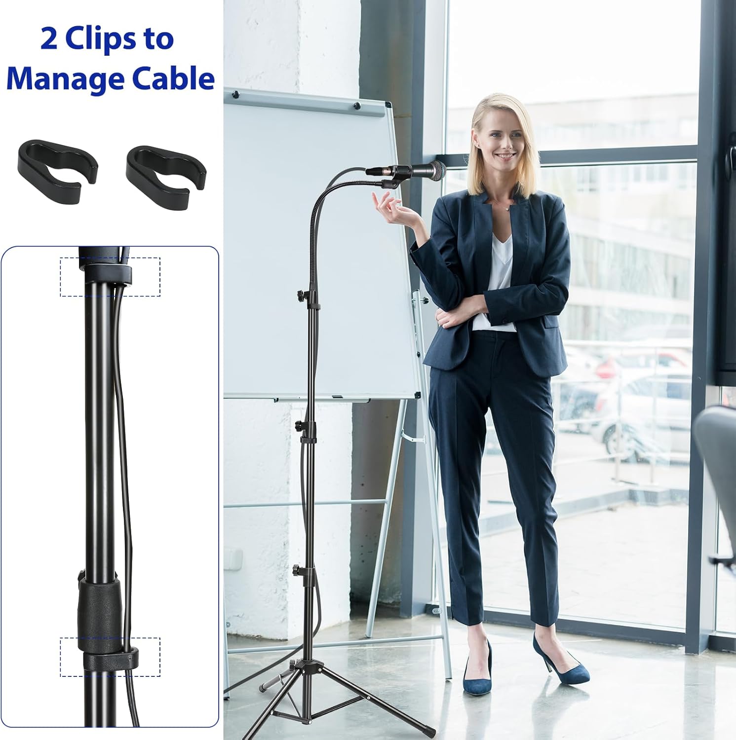 Soporte para micrófono, trípode con cuello de cisne, altura ajustable de 24 a 67 pulgadas, con 2 clips de micrófono para cantar, escenario,