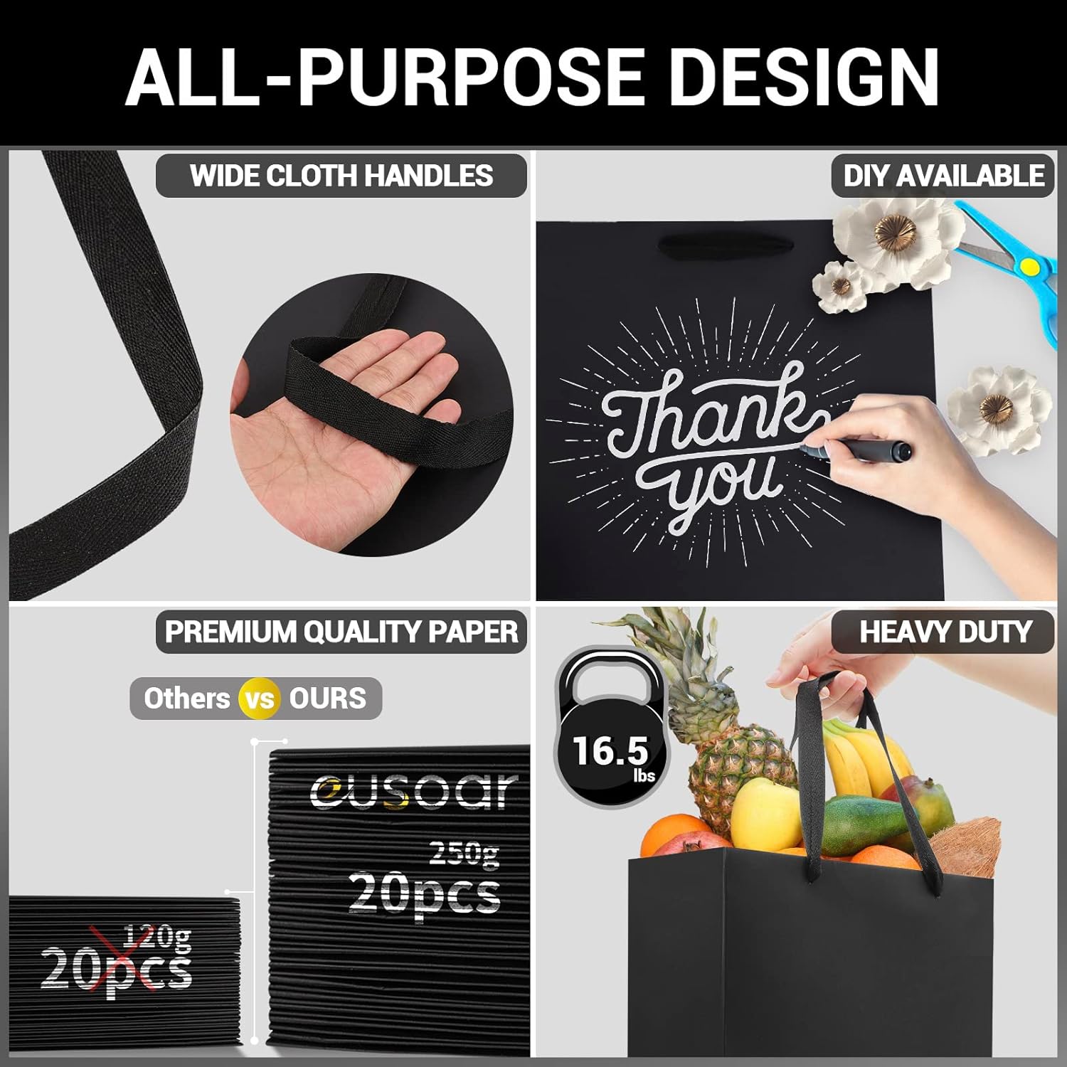 EUSOAR Bolsas grandes para envolver regalo, 20 bolsas de papel de 9.8 x 5.1 x 12.6 pulgadas con asas a granel, bolsas de compras para recuerdos de