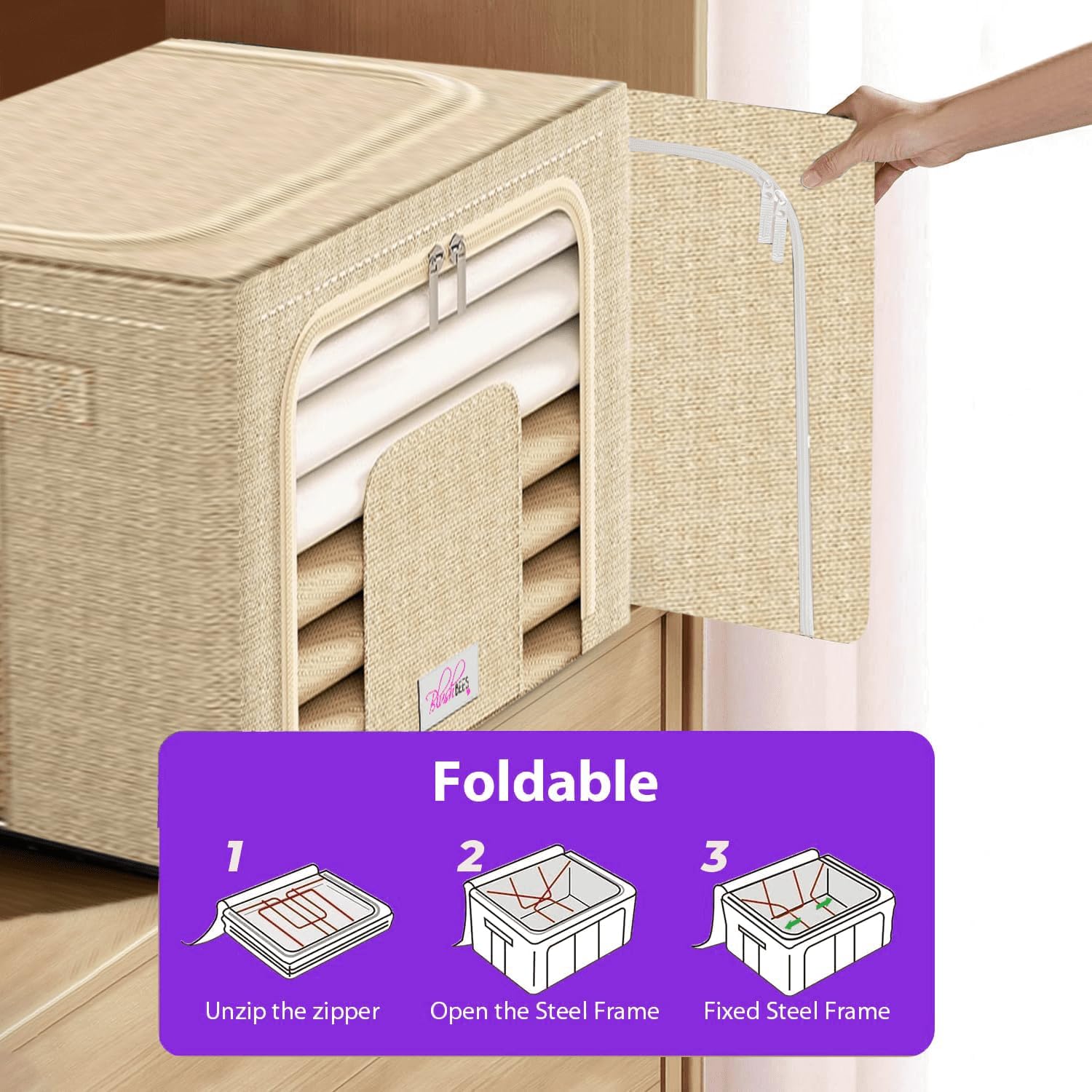 Blushbees Cajas de almacenamiento plegables de tela Oxford para ropa, colchas, lino con soportes de metal (paquete de 4 cajas, tamaño grande de 20 x