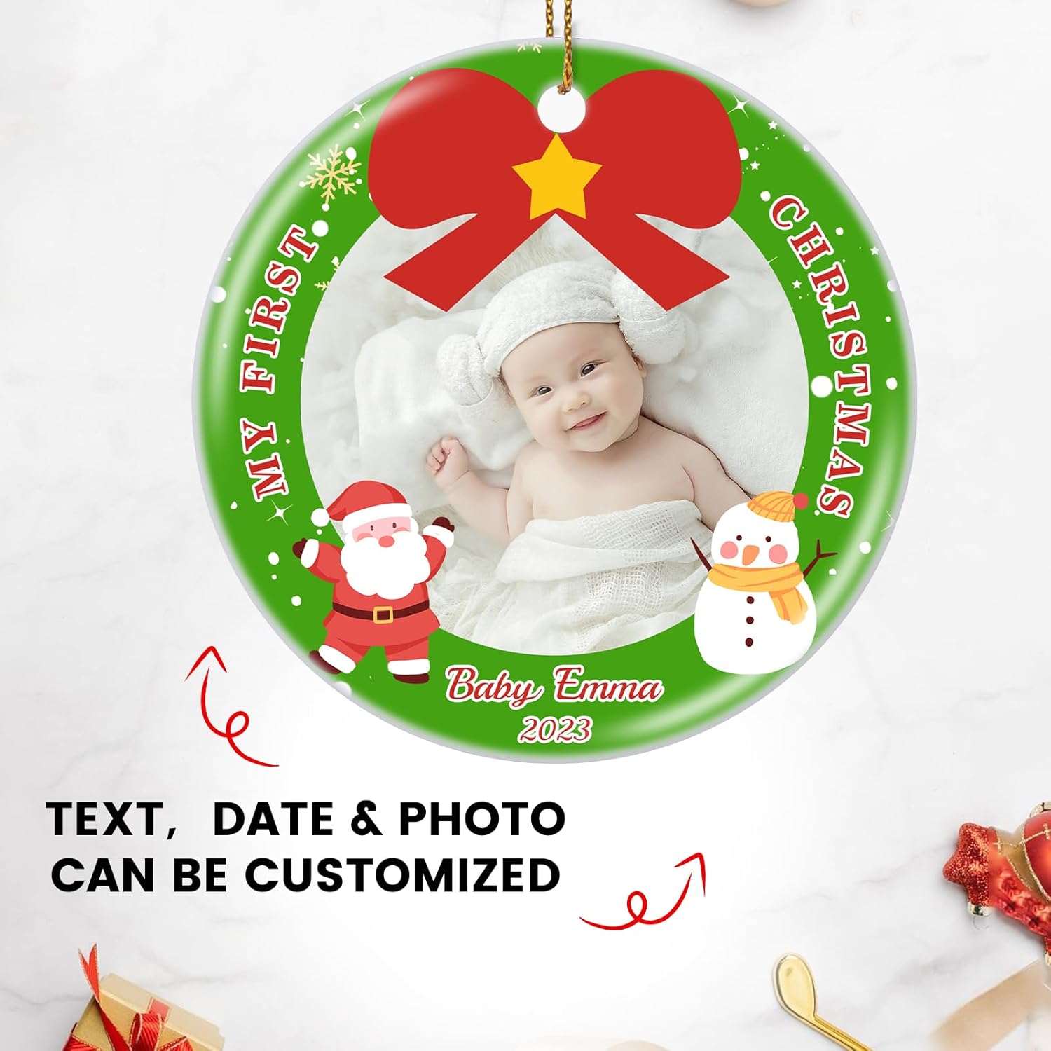 Adorno redondo personalizado para la primera Navidad del bebé con foto y mensaje, decoración personalizada para árbol de Navidad, regalos de