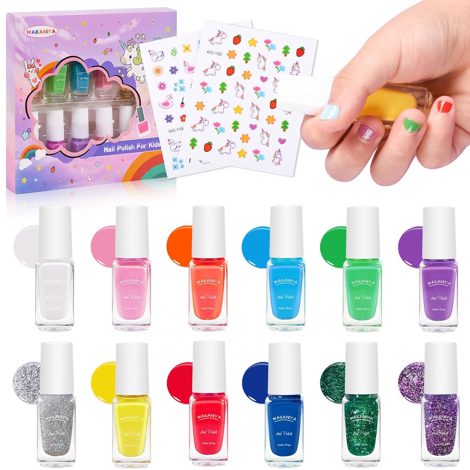 wakaniya Esmalte de uñas para niños, juego de esmalte de uñas para niñas, 12 colores arcoíris, kit de esmalte de uñas para niños pequeños con