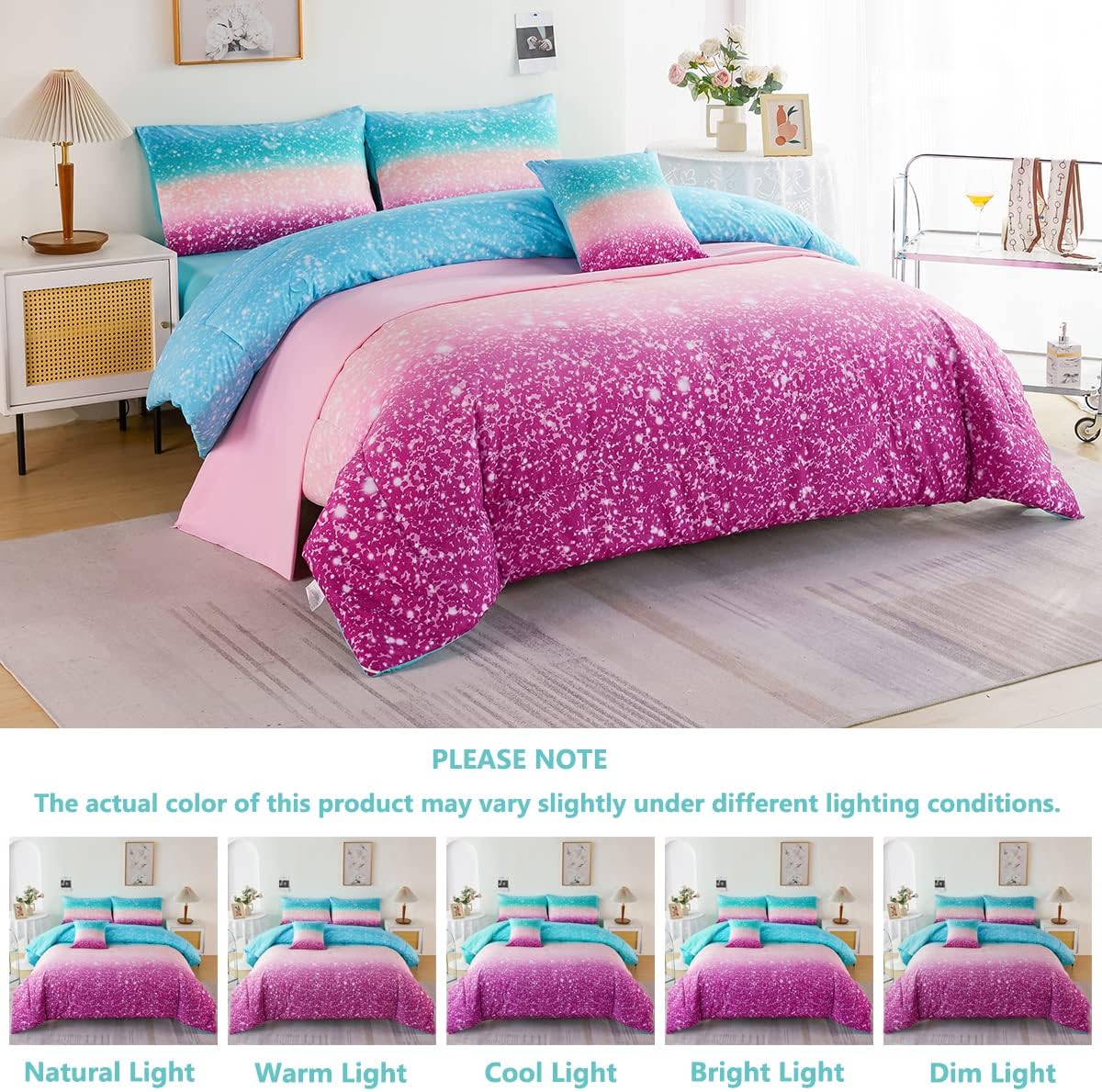 PERFEMET Juego de edredón Queen con sábanas, juego de ropa de cama de 6 piezas de teñido anudado arco iris para niñas, ropa de cama degradado con