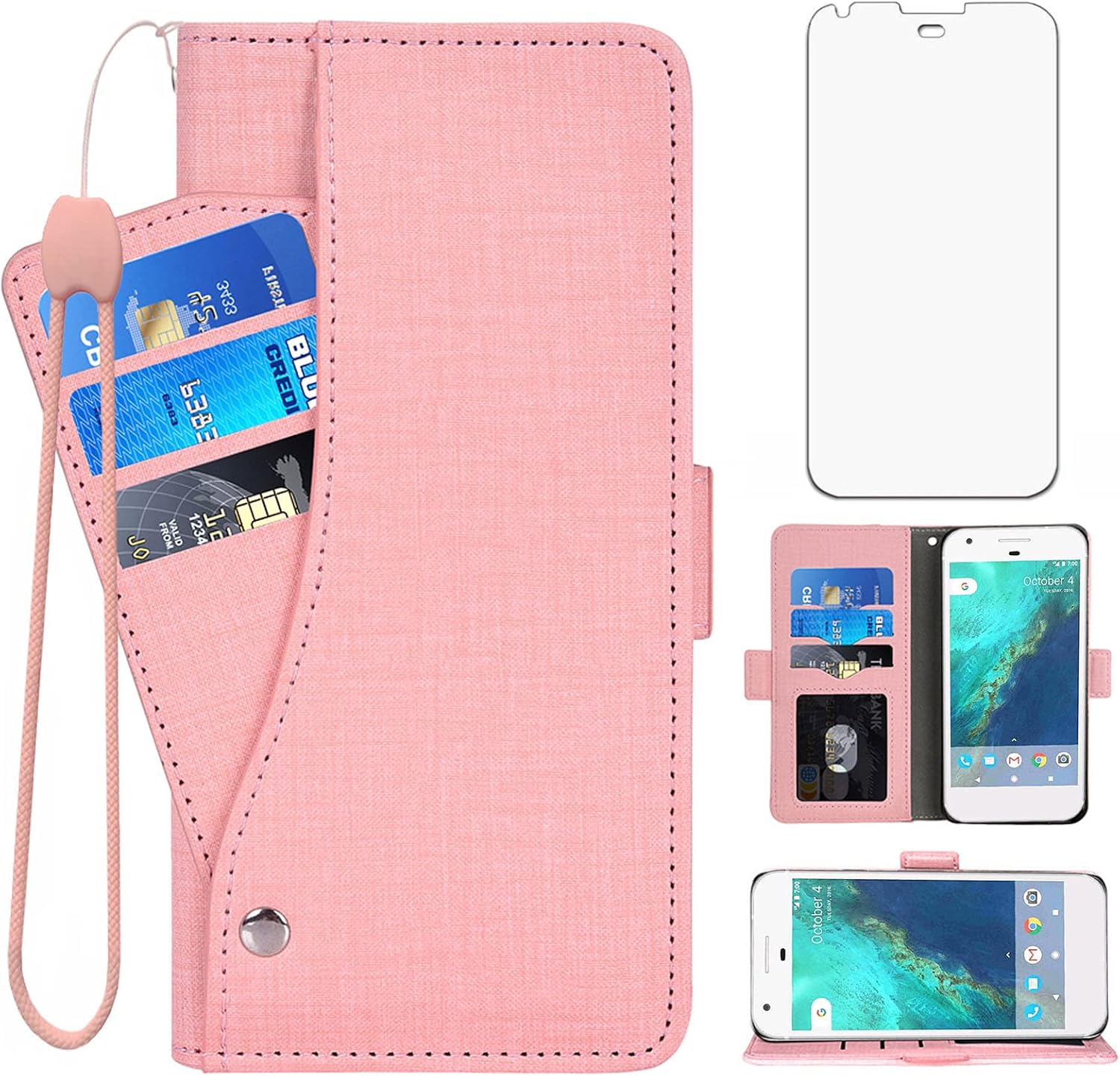 Asuwish Compatible con Google Pixel XL Wallet Case Protector de pantalla de vidrio templado y cubierta de cuero con tapa para tarjetero, accesorios