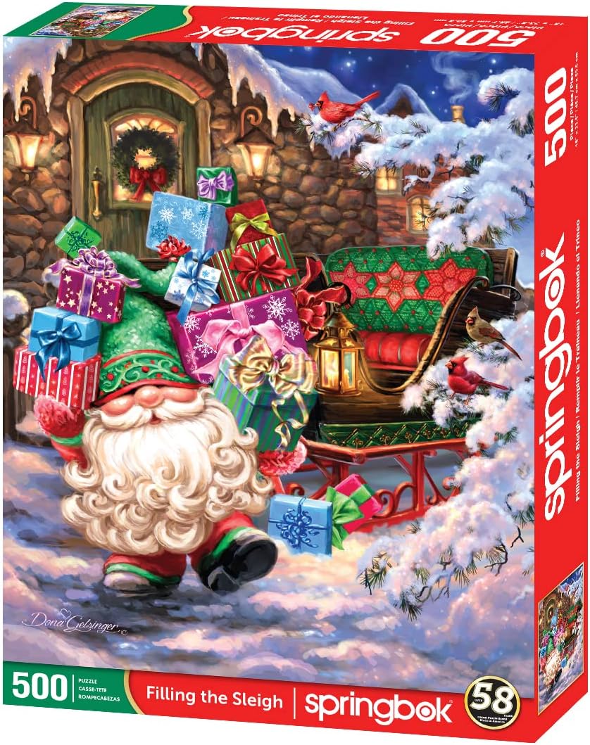 Springbok – Llenando el trineo – Rompecabezas de 500 piezas – Ilustración del gnomo de Papá Noel llenando su trineo navideño con regalos