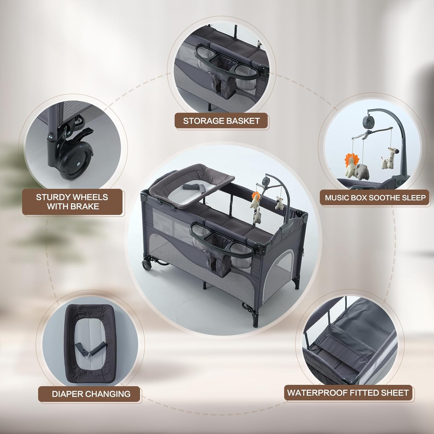 Moisés 5 en 1 para bebé, moisés de noche para empacar y jugar, con cambiador de pañales y sábana impermeable, colchón, música, corrales portátiles