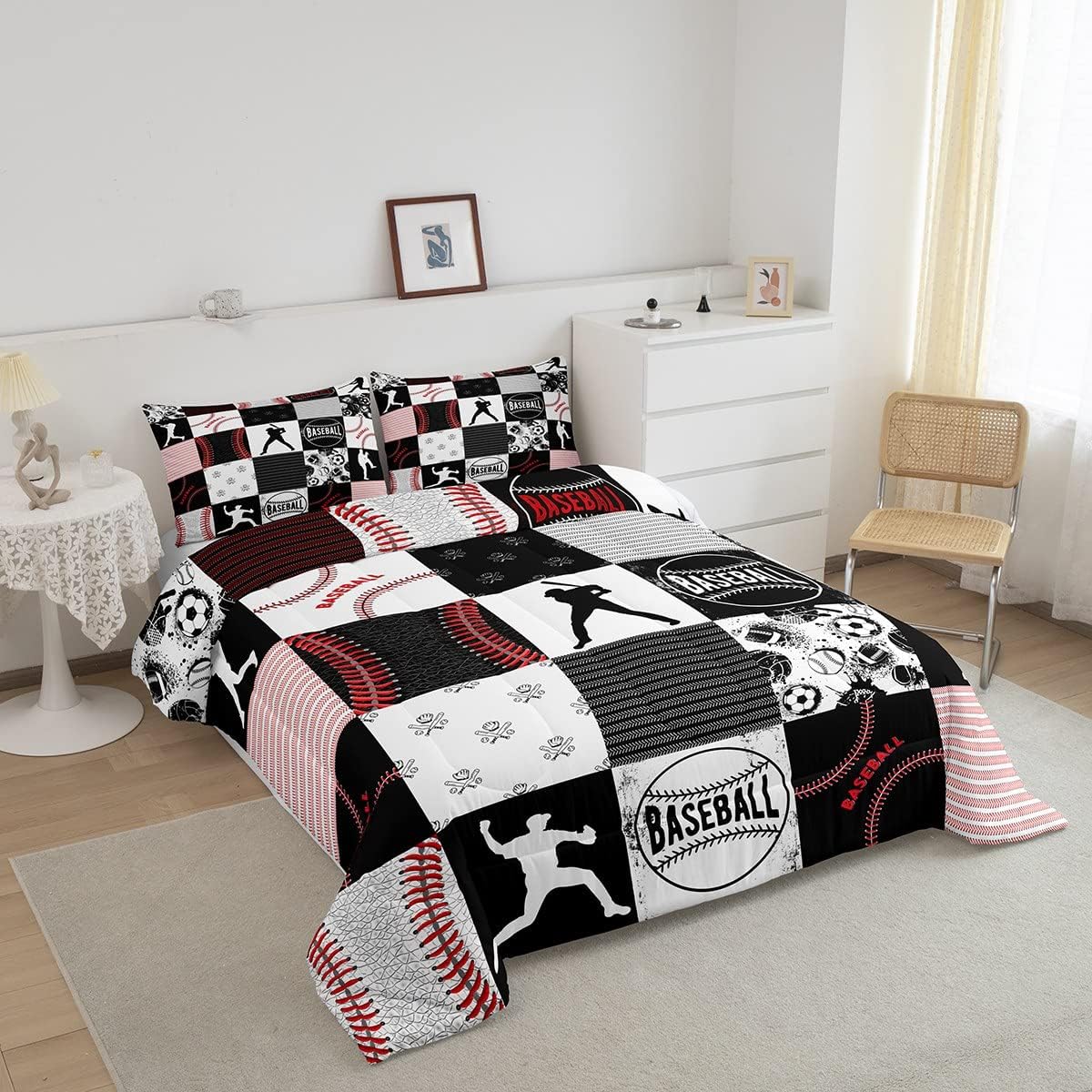 Erosebridal Juego de edredón de béisbol para niños, juego de ropa de cama de sóftbol, edredón acolchado para juegos deportivos, edredón de plumón de