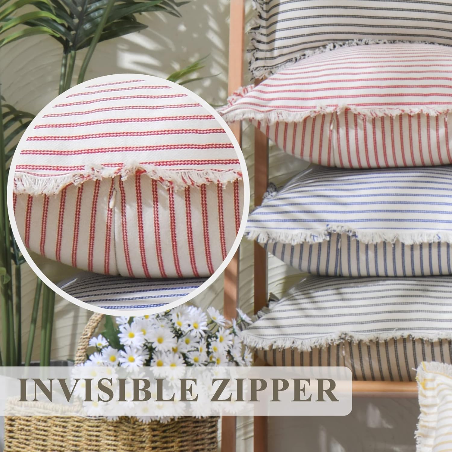 ZWJD Juego de 2 fundas de almohada de 18 x 18 pulgadas, a rayas con flecos, de algodón, decorativas, cuadradas, para sofá, cama, sala de estar,