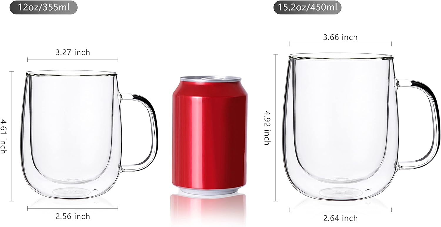 CNGLASS Tazas de café de vidrio de 12 onzas, juego de tazas aisladas de doble pared con asa, tazas de café de vidrio transparente para café con