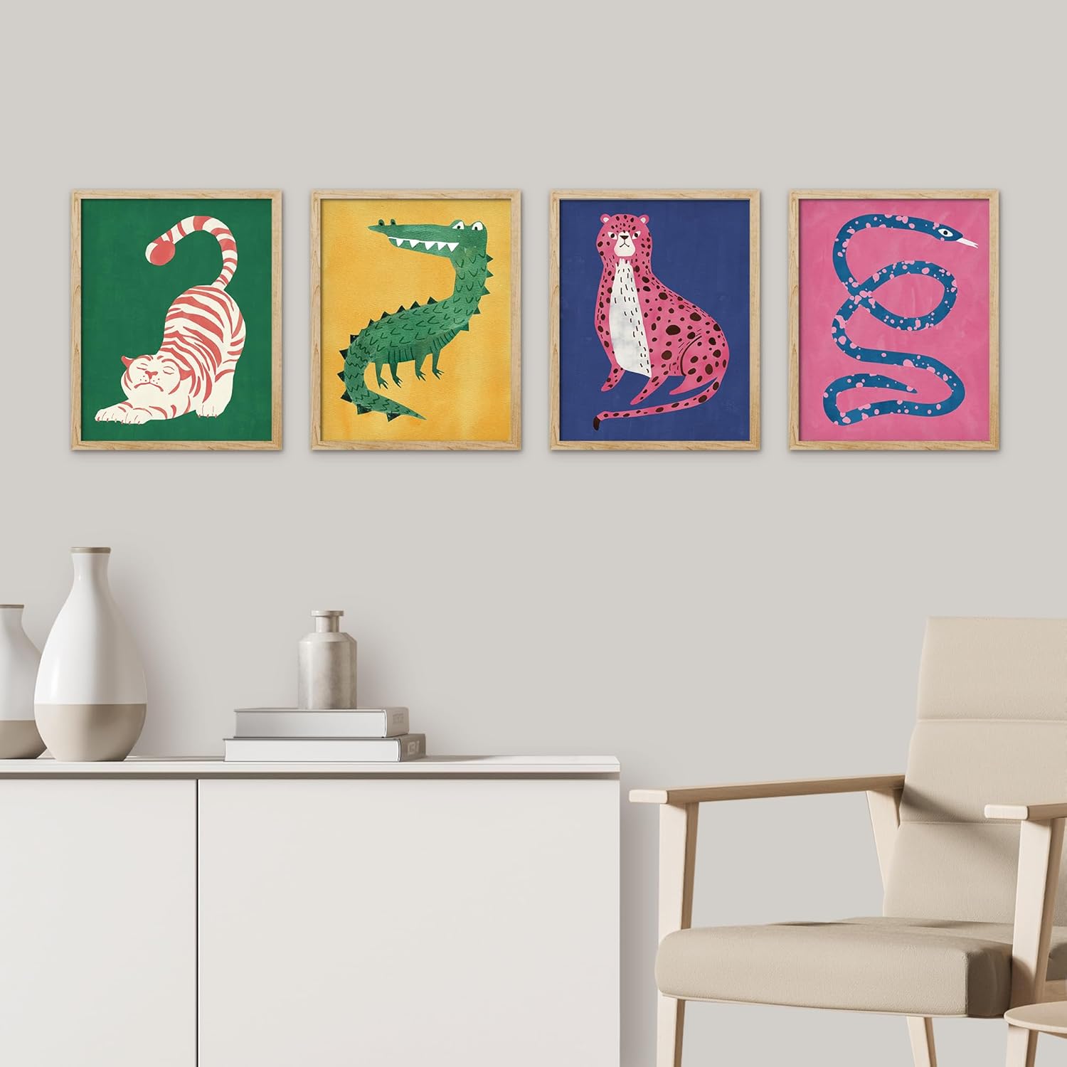 SIGNWIN Póster enmarcado gato rojo, cocodrilo verde, leopardo rosa, serpiente azul, arte moderno, realismo, animal decorativo, casa de campo para