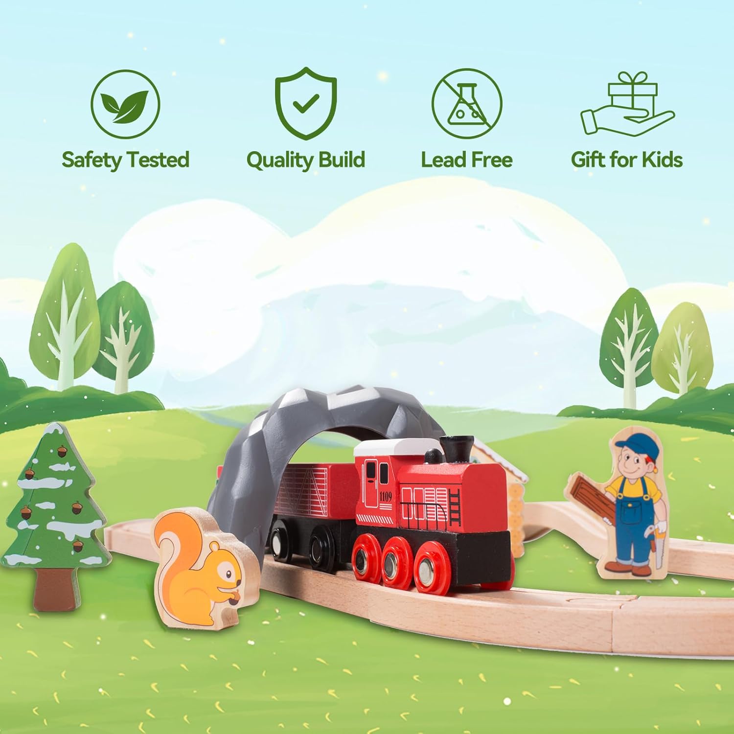 Giant bean Juego de tren de madera con temática forestal para niños pequeños, 36 piezas de juguete de madera expandible e intercambiable, para niños