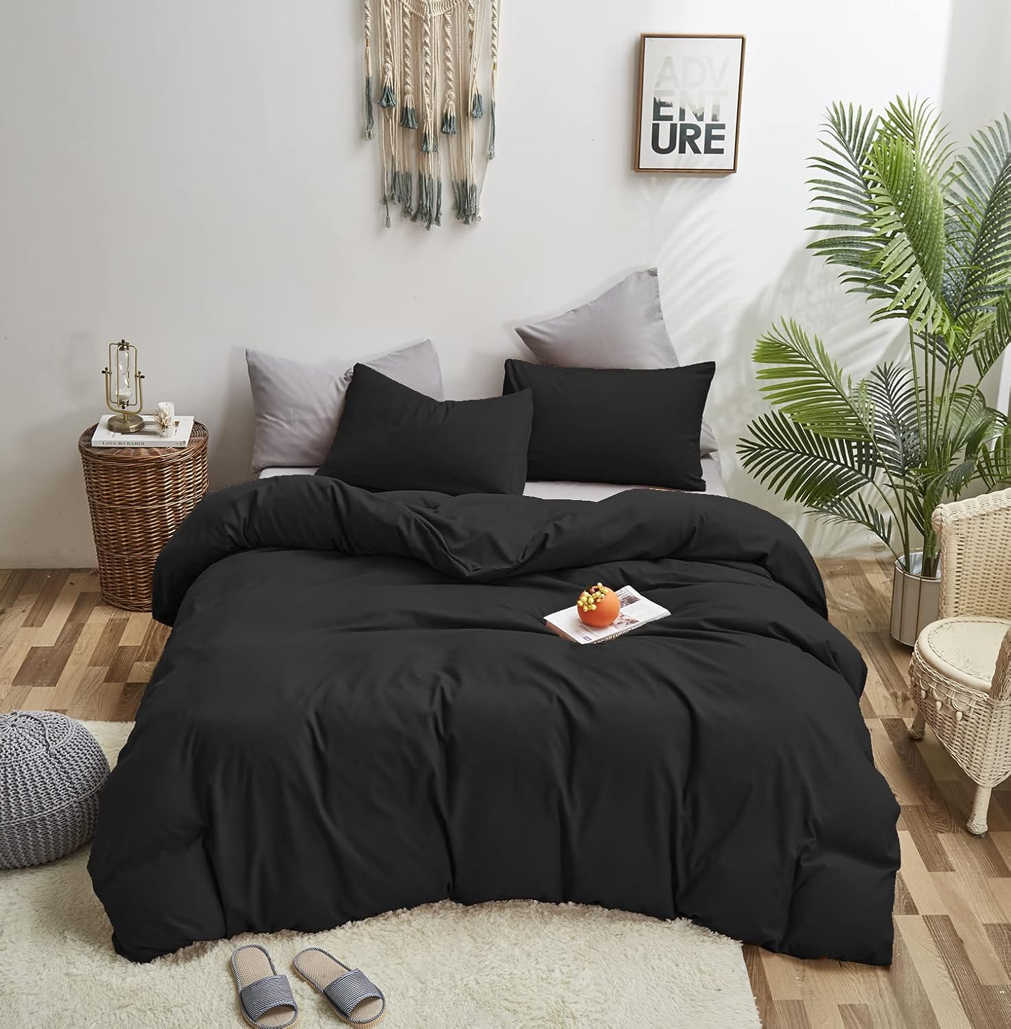 Juego de edredón negro tamaño California King, juego de cama negro liso puro, juego de edredón suave, ligero, transpirable y duradero para hombres y