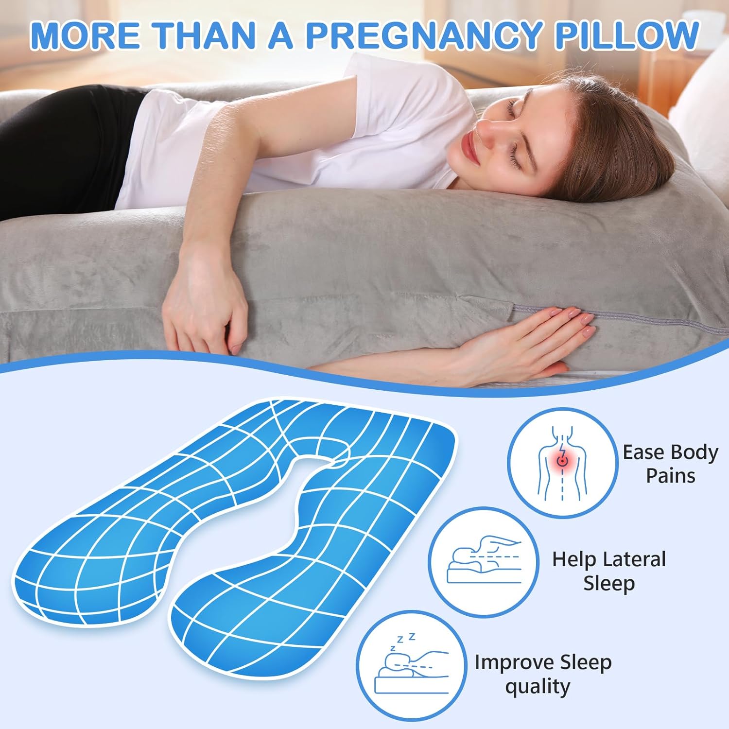 Almohadas de embarazo, almohada de cuerpo completo en forma de U con funda de terciopelo lavable, almohadas de embarazo de maternidad de 55 pulgadas