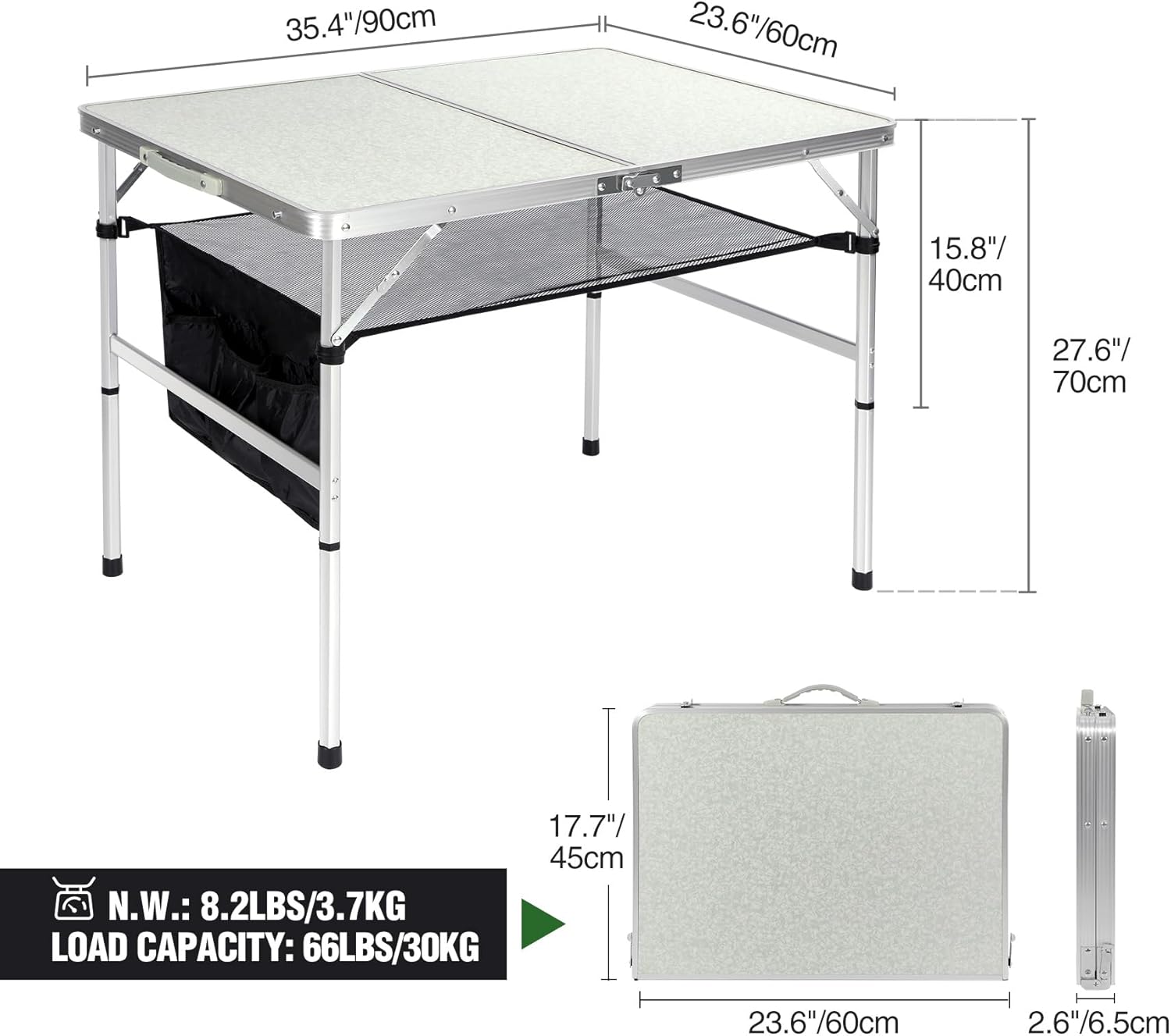 RedSwing Mesa plegable de 3 pies de altura ajustable, ligera y portátil, patas hexagonales de aluminio, mesa de campamento con capa de malla, 36 x