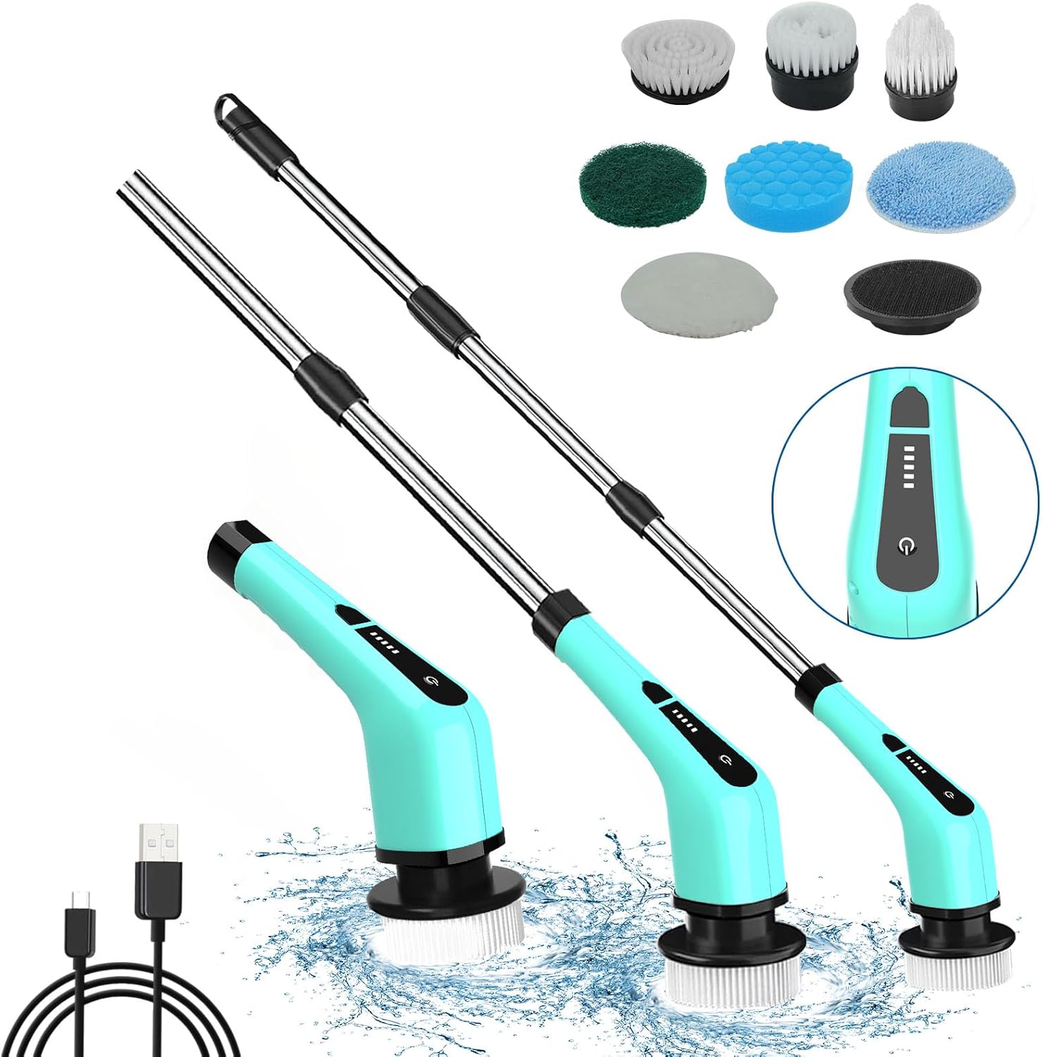 Limpiador eléctrico giratorio, limpiador de ducha IPX7 con mango largo, cepillo de limpieza inalámbrico 7 y 1 con batería de 2500 mAh, limpiador de