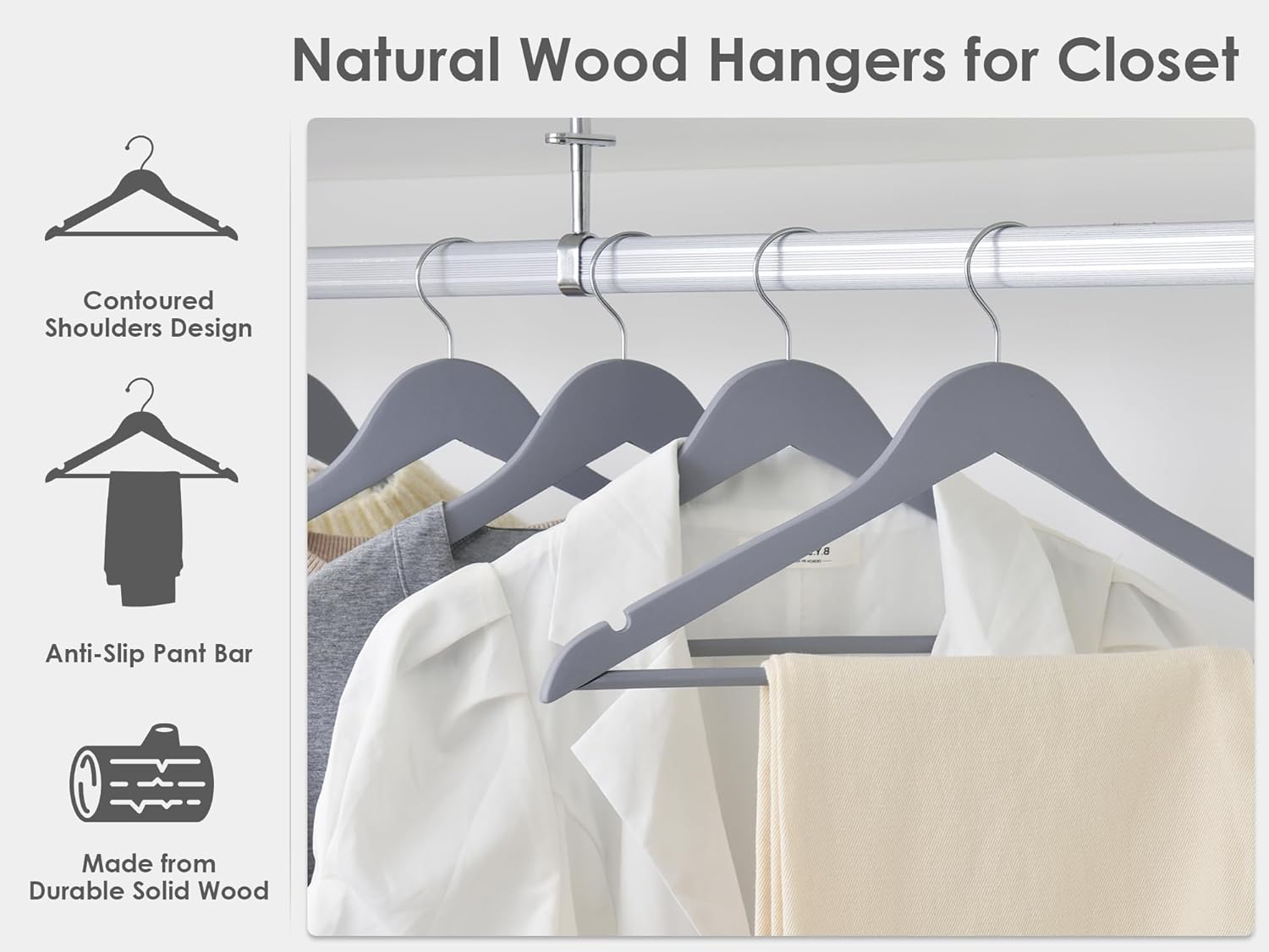 StorageWorks Percha de madera para abrigos, perchas de madera para ropa, paquete de 30 unidades, color gris, perchas de madera natural para abrigos,