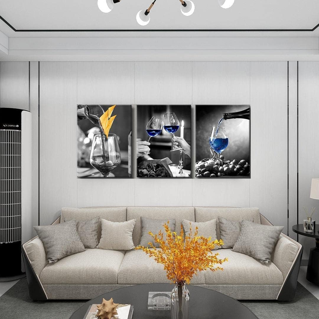 GOOSLA Decoración de pared de cocina, arte de pared de copa de vino, fácil de colgar, lienzo de alta definición, amarillo y azul, imágenes