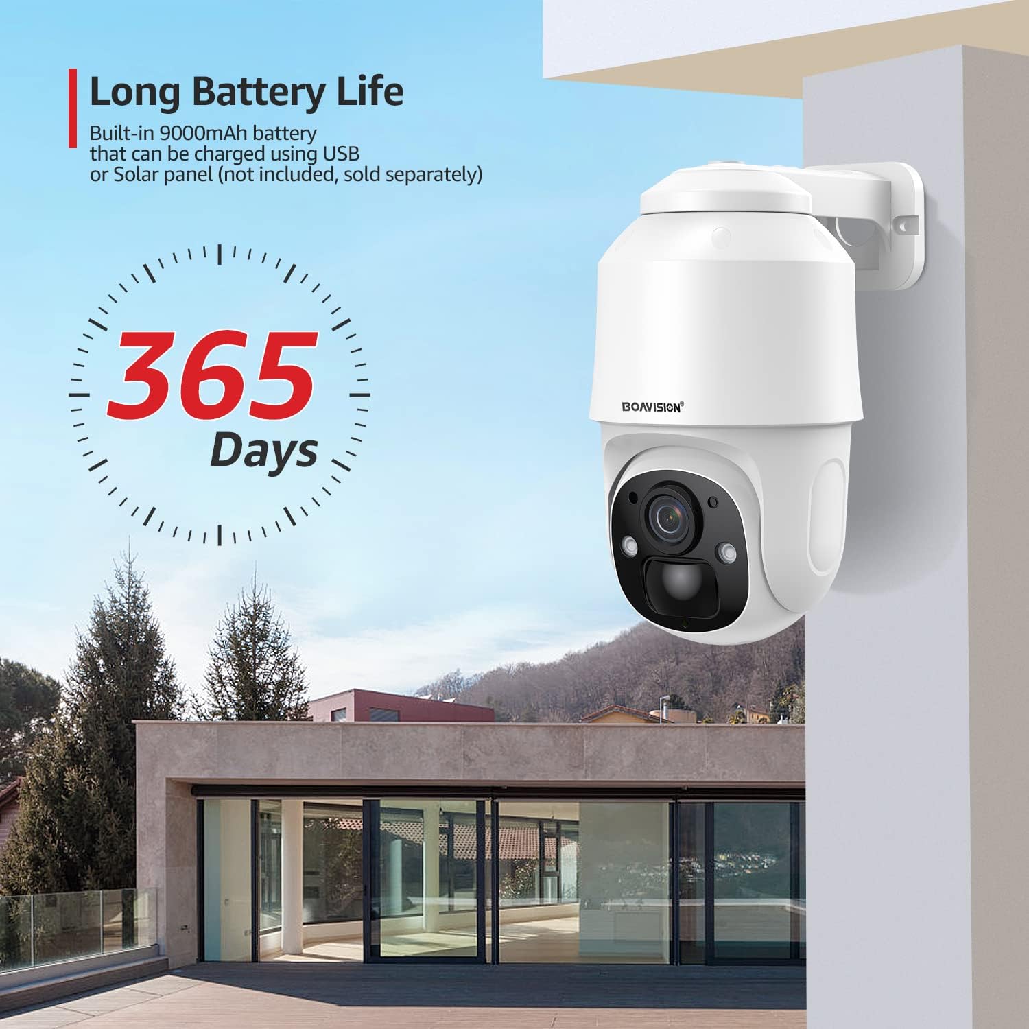 BOAVISION Cámara de seguridad alimentada por batería para exteriores, inclinación panorámica, visión de 355, IP66, impermeable, recargable,